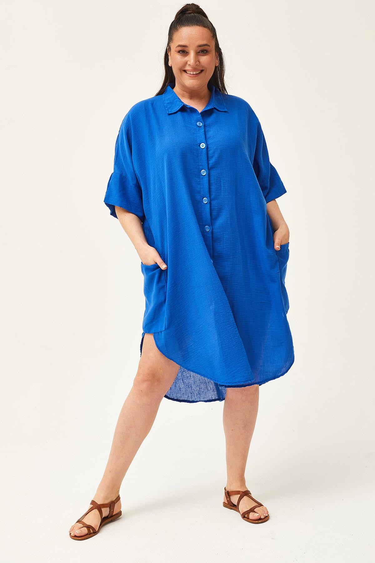 Kadın Büyük Beden Düşük Kol Ekstra Rahat Kalıp Keten Gömlek Elbise - Mavi