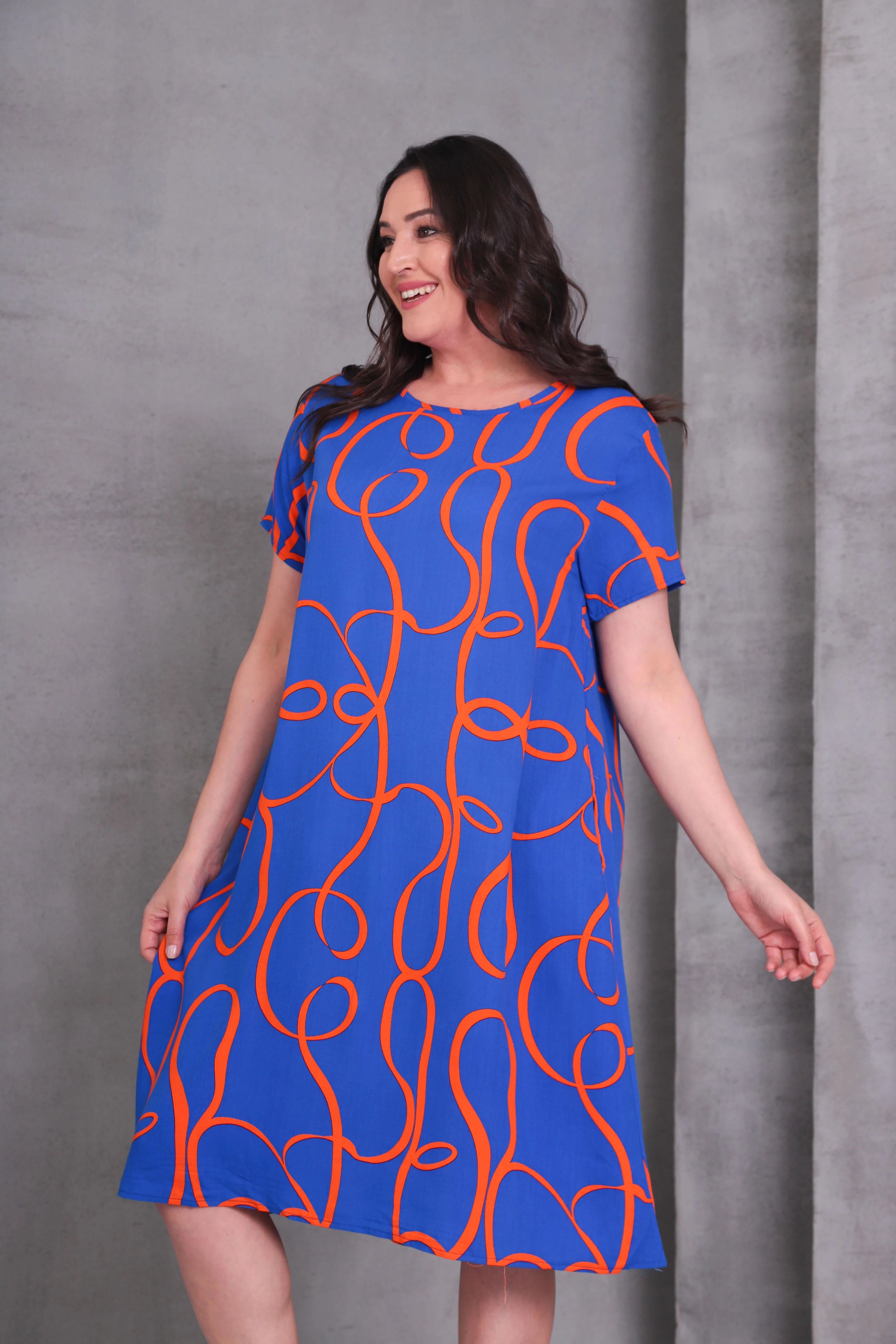 Kadın Büyük Beden Geometrik Desen Dokuma Elbise - Mavi-Turuncu