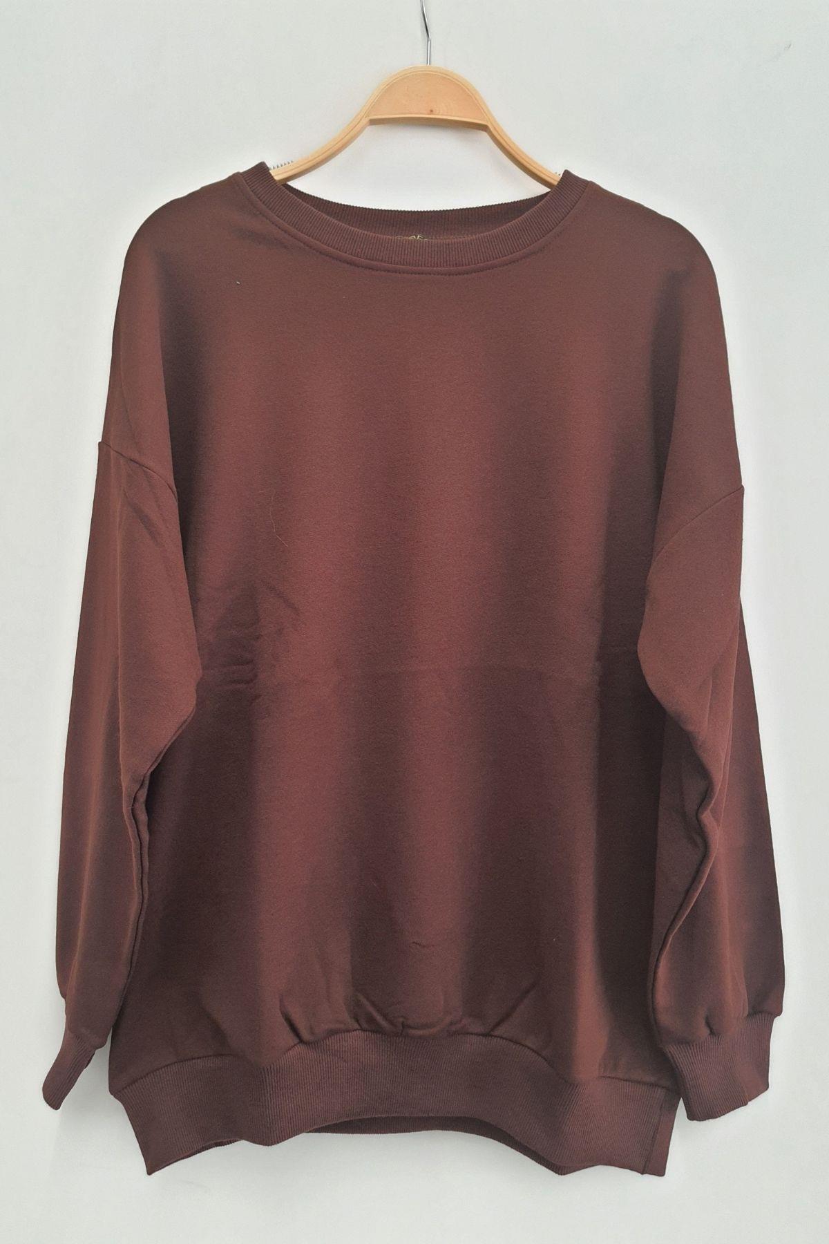 Kadın Büyük Beden Basıc Şardonlu Sweatshirt - Kahverengi