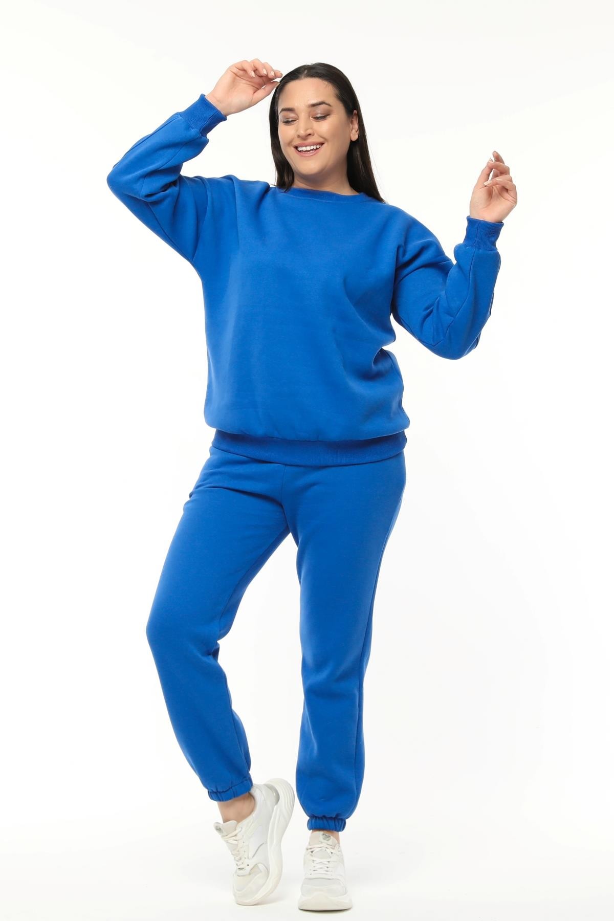 Kadın Büyük Beden Basıc Şardonlu Sweatshirt - Mavi