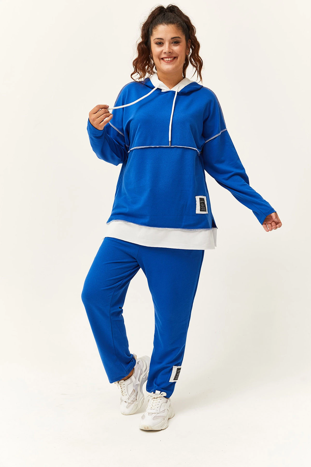Kadın Büyük Beden Şerit Garni Detaylı Eşofman Takımı - Mavi