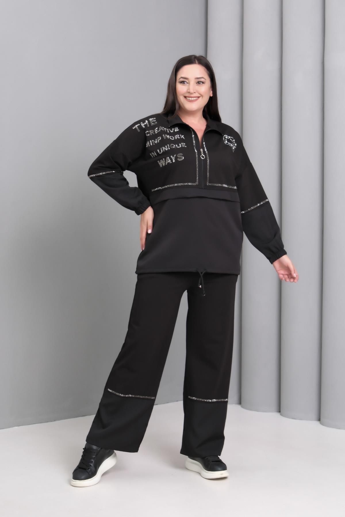 Kadın Büyük Beden Yarım Balıkçı Yaka Eşofman Takımı - Siyah