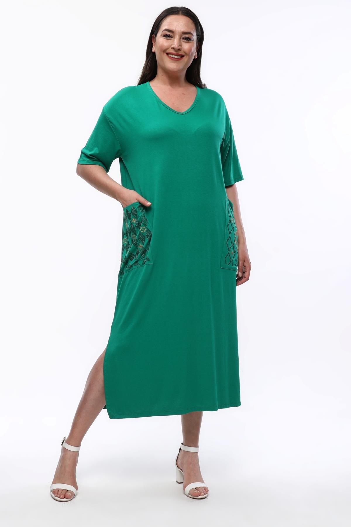 Kadın Büyük Beden Cepleri Taş Basılı V Yaka Midi Elbise - Yeşil
