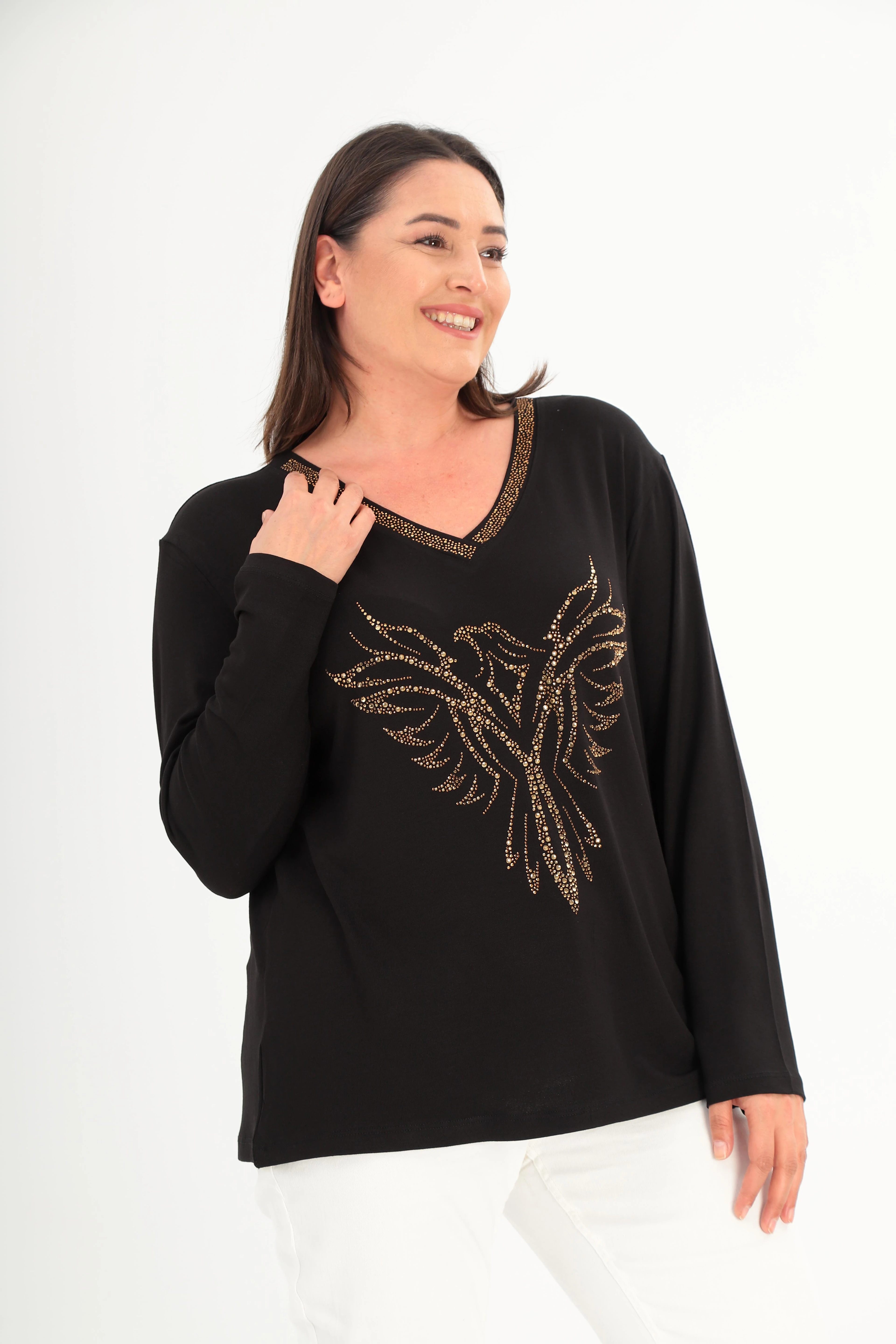 Kadın Büyük Beden Kartal Figür Taş Detaylı V Yaka Siyah Bluz - Şıklık ve Konfor Bir Arada