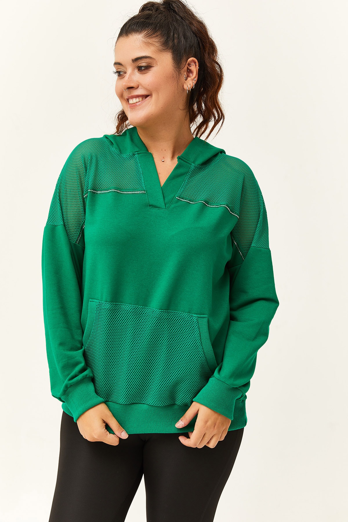 Kadın Büyük Beden File Detaylı Kapüşonlu Sweatshirt - Yeşil