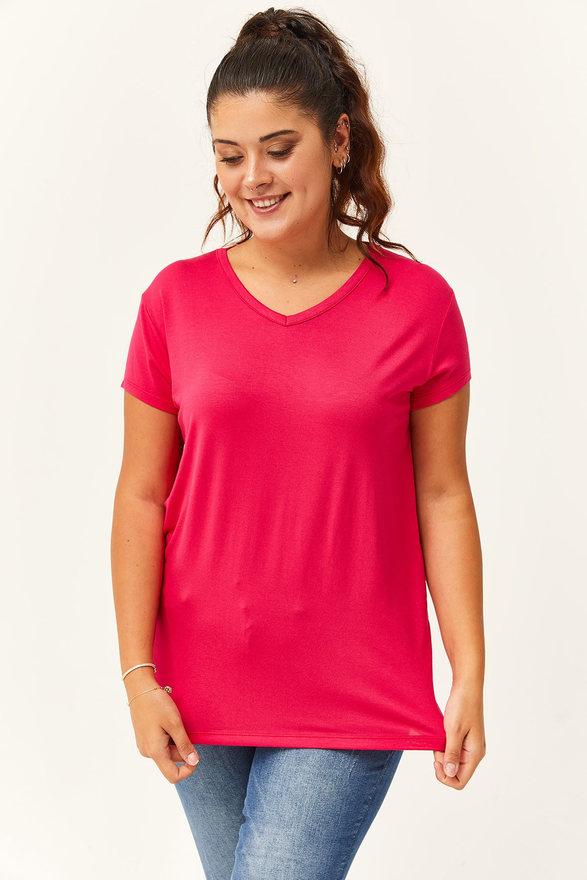Kadın Büyük Beden V Yaka Basic Kısa Kollu T-Shirt - Pembe