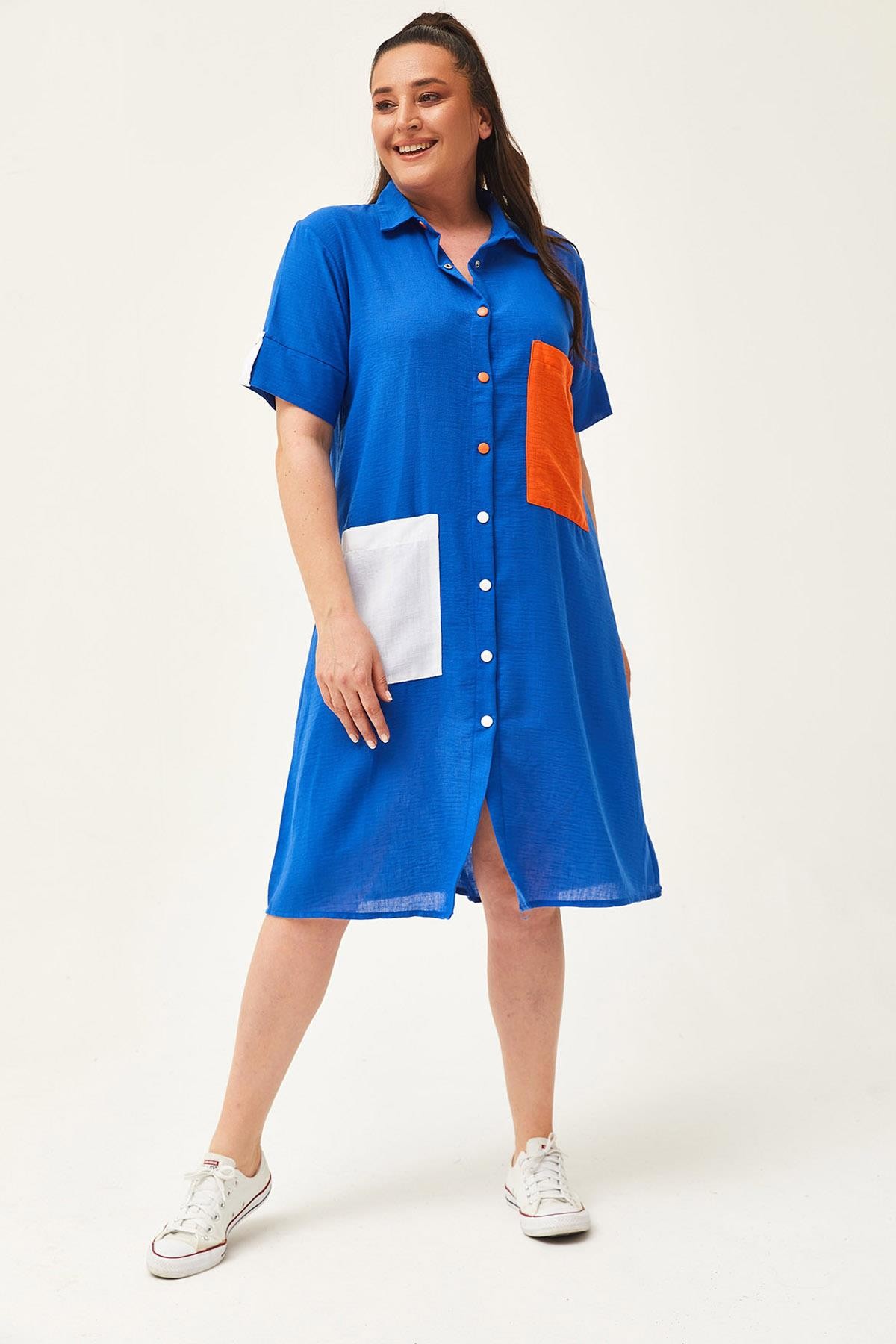 Kadın Büyük Beden Renkli Cep Detaylı Keten Gömlek Elbise - Mavi