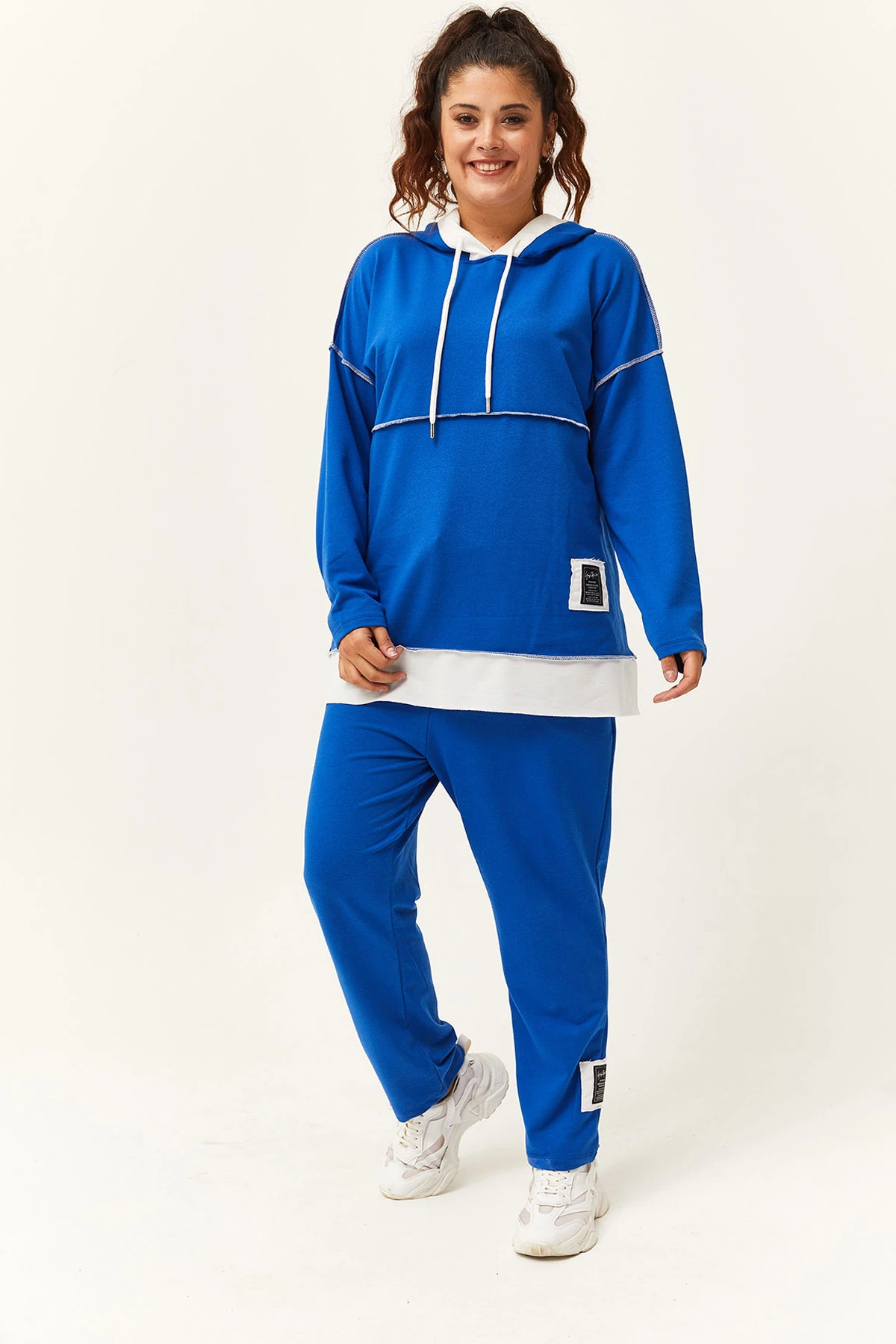Kadın Büyük Beden Şerit Garni Detaylı Eşofman Takımı - Mavi