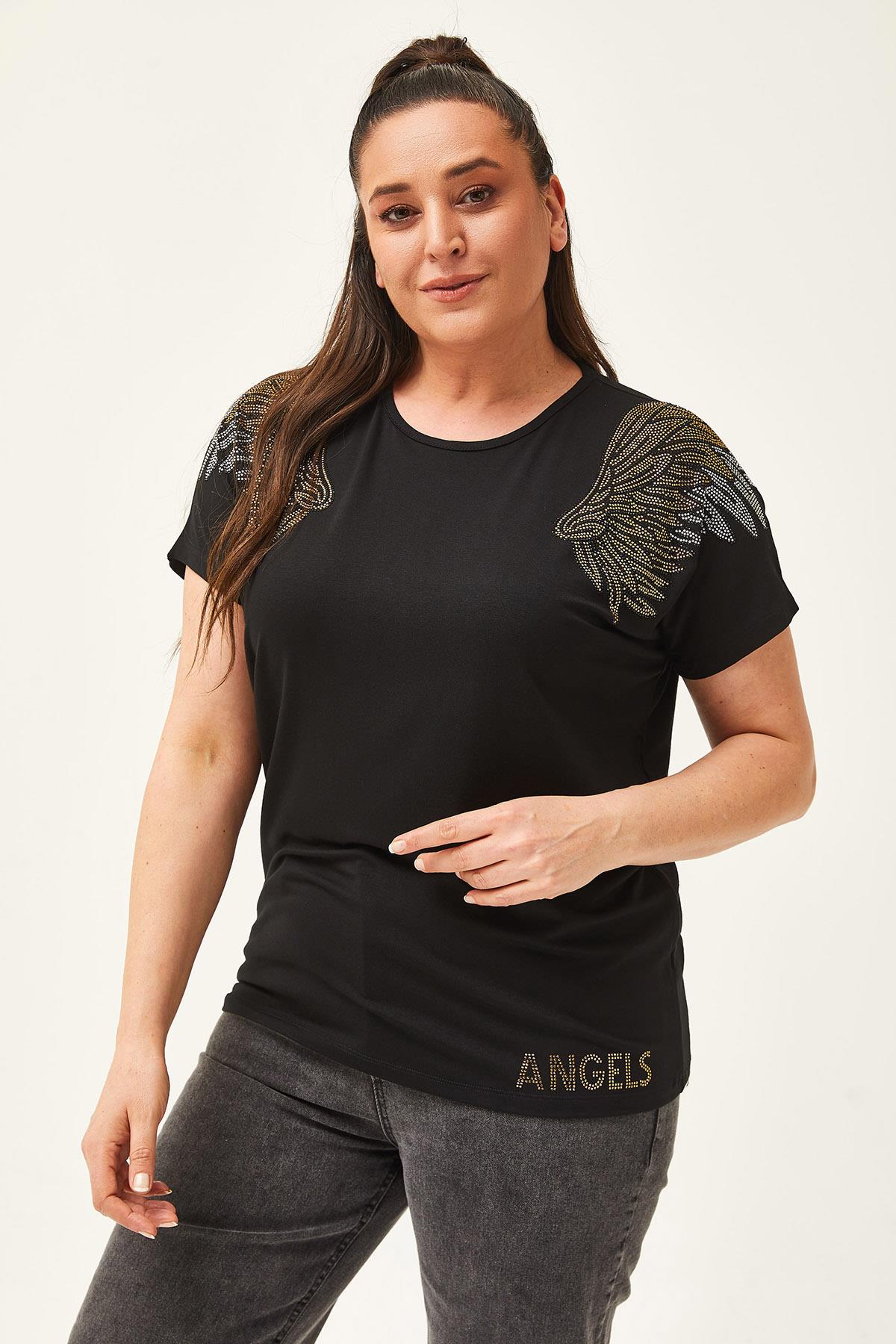 Kadın Büyük Beden Angels Taş Baskılı Bluz - Siyah
