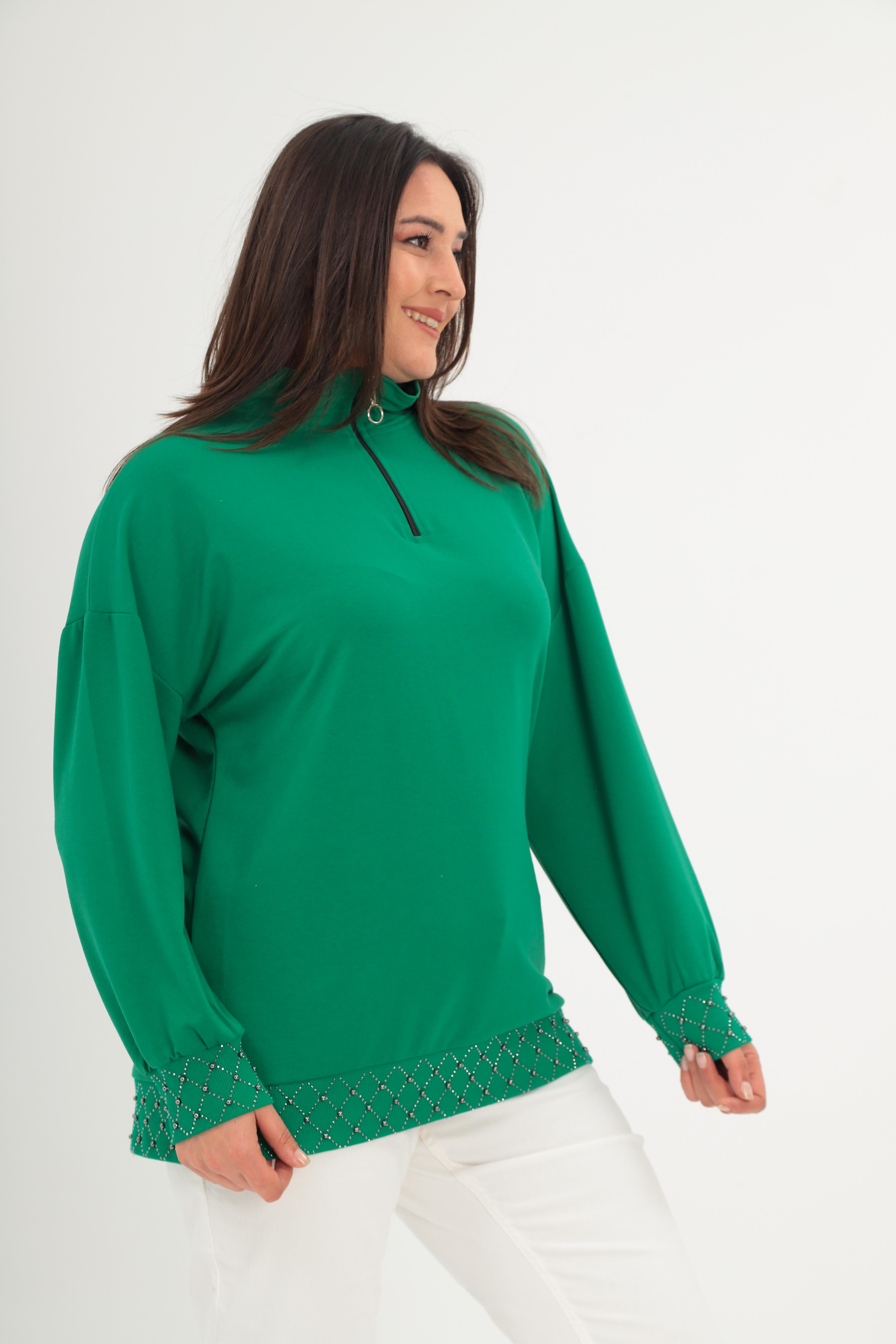 Büyük Beden Yarım Balıkçı Yaka Fermuarlı Geometrik Taş Detaylı  Sweatshirt - Yeşil