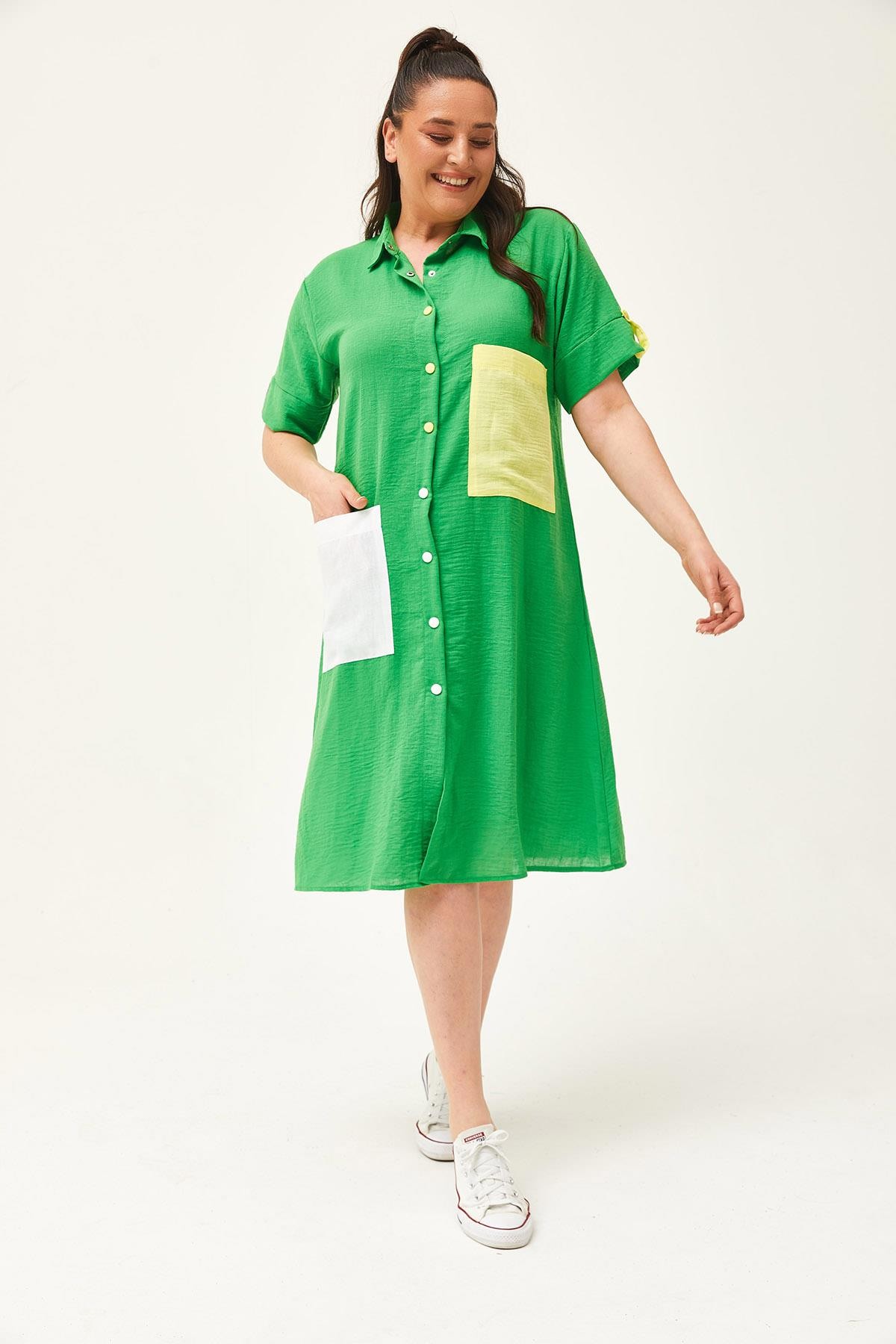 Kadın Büyük Beden Renkli Cep Detaylı Keten Gömlek Elbise - Yeşil