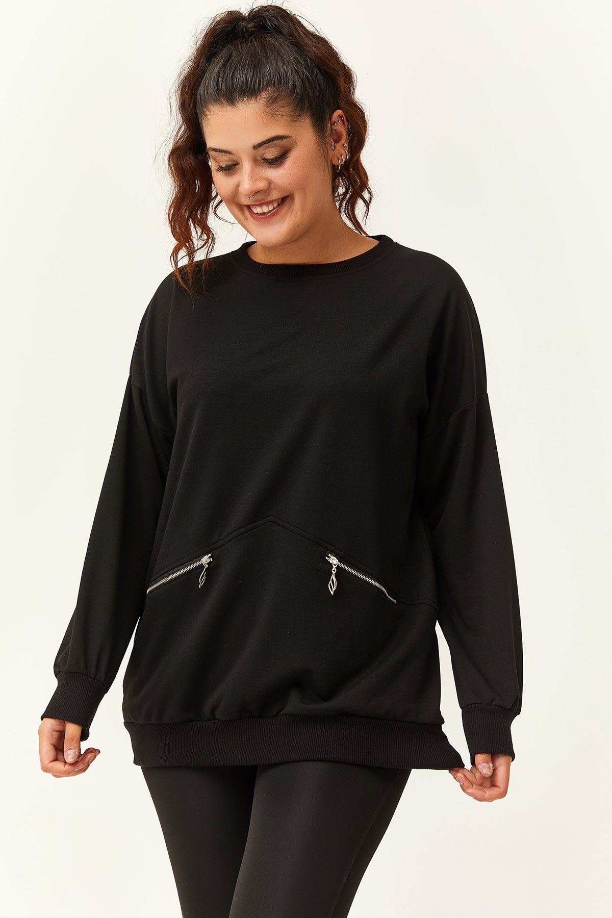 Kadın Büyük Beden Fermuarlı Cep Detaylı Basic Sweatshirt - Siyah