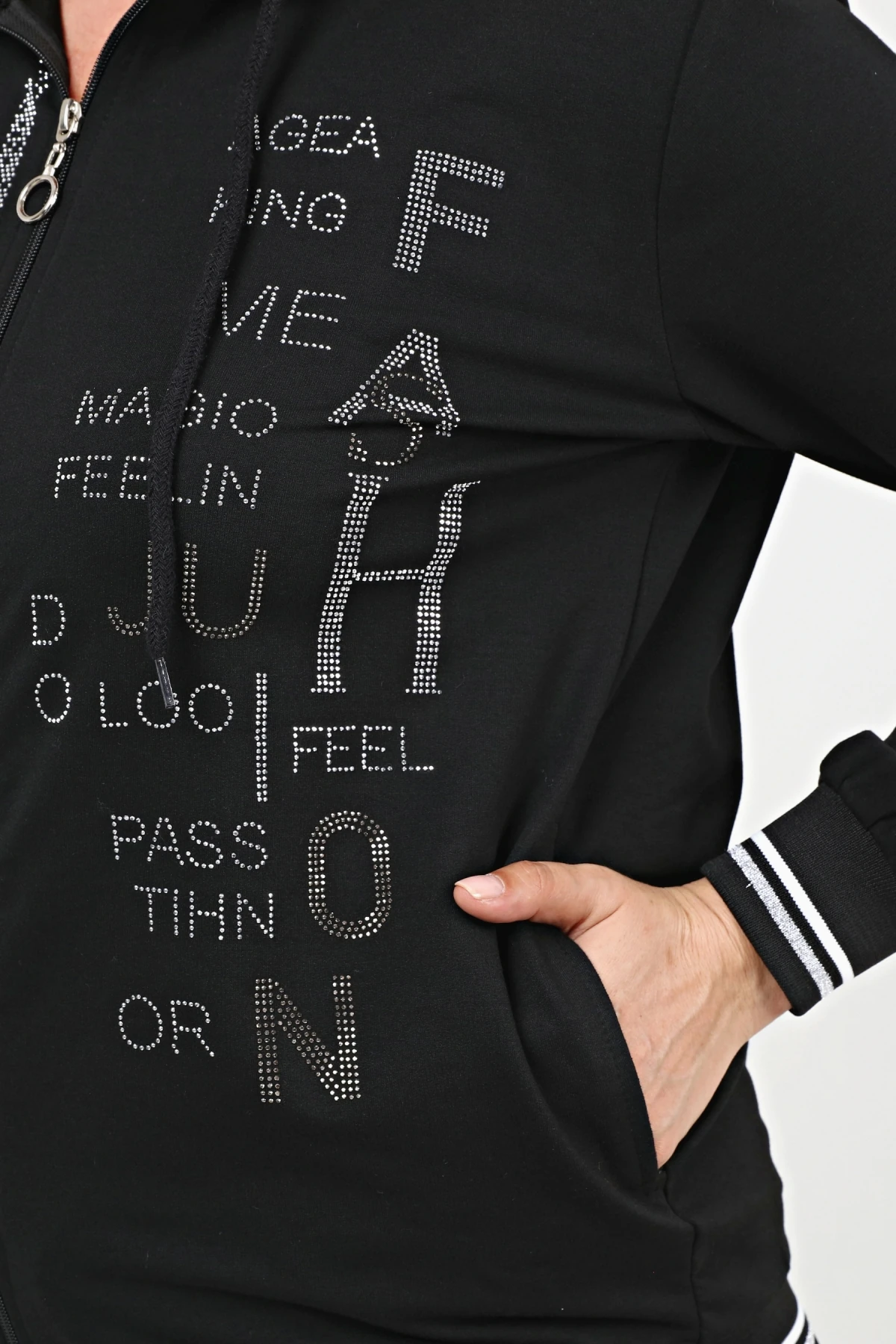 Kadın Büyük Beden Taş Yazı İşlemeli Eşofman Takımı - Siyah