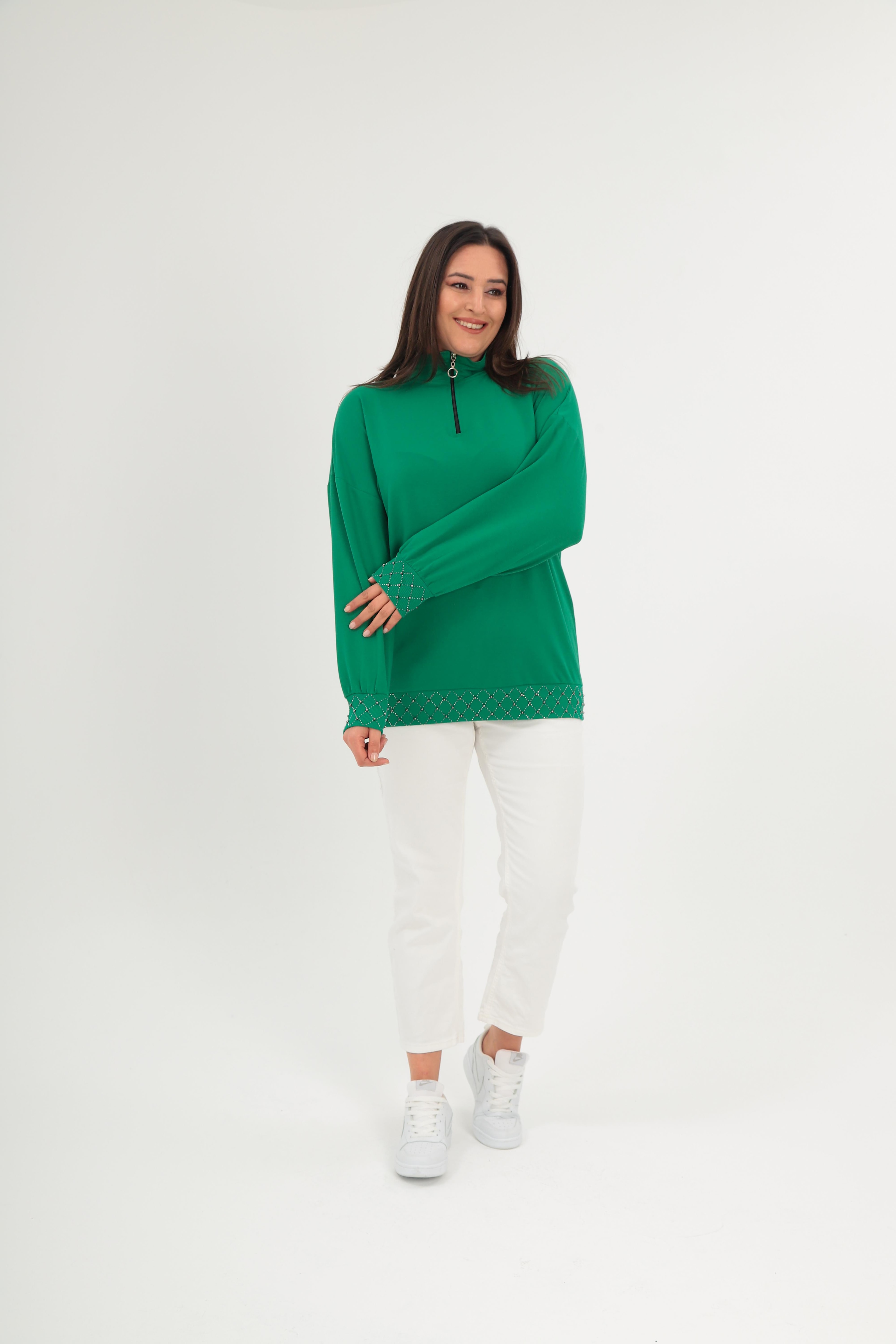 Büyük Beden Yarım Balıkçı Yaka Fermuarlı Geometrik Taş Detaylı  Sweatshirt - Yeşil