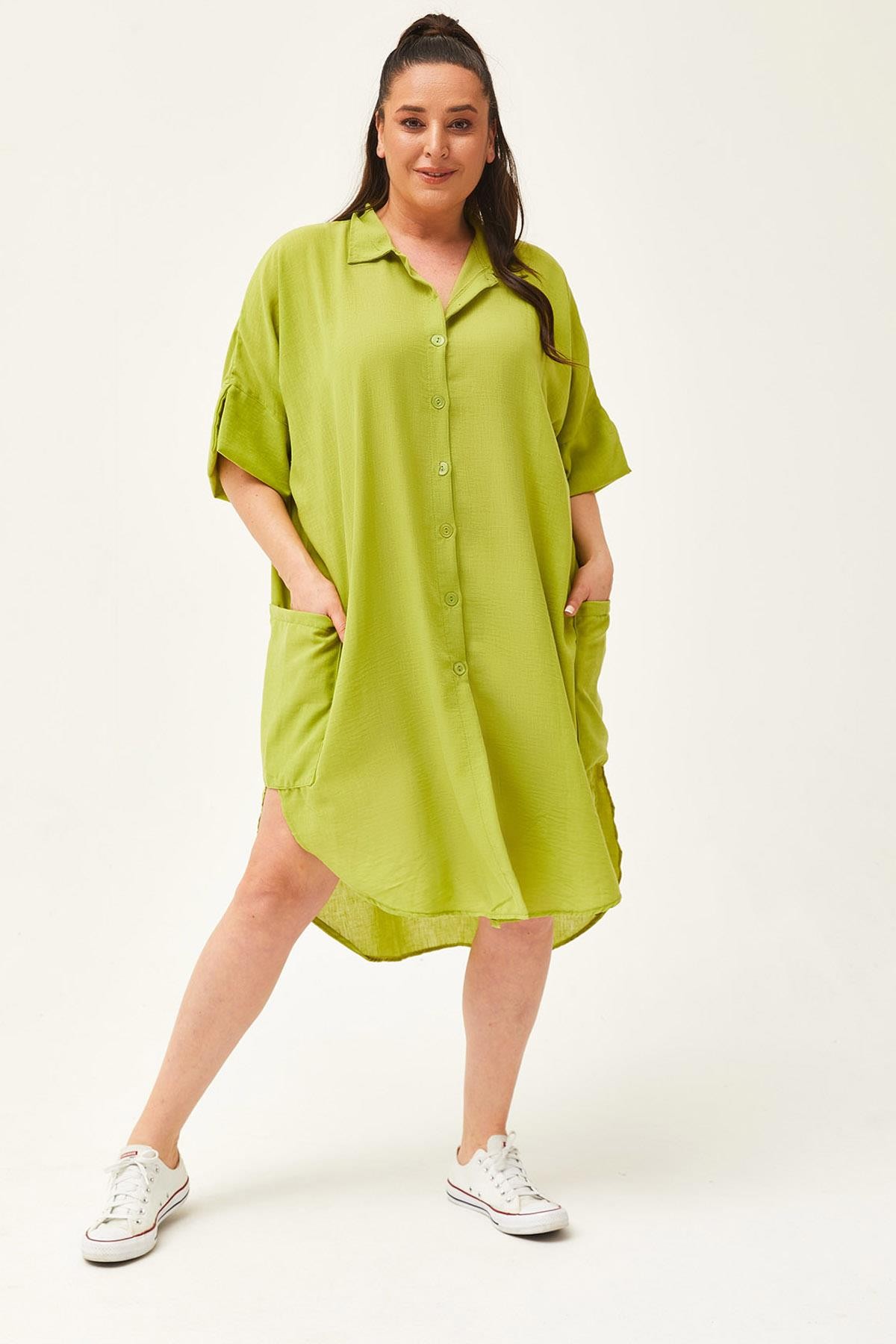 Kadın Büyük Beden Düşük Kol Ekstra Rahat Kalıp Keten Gömlek Elbise - Yeşil-Beyaz