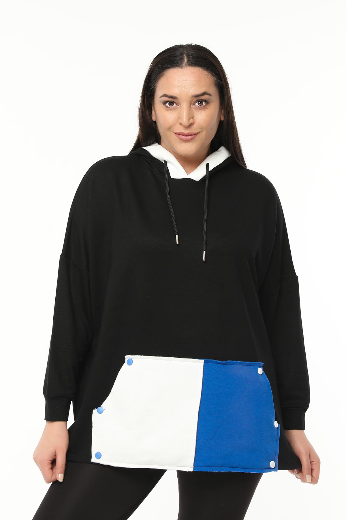Kadın Büyük Beden Ekstra Rahat Kalıp Renkli Kanguru Cepli Sweatshirt - Siyah