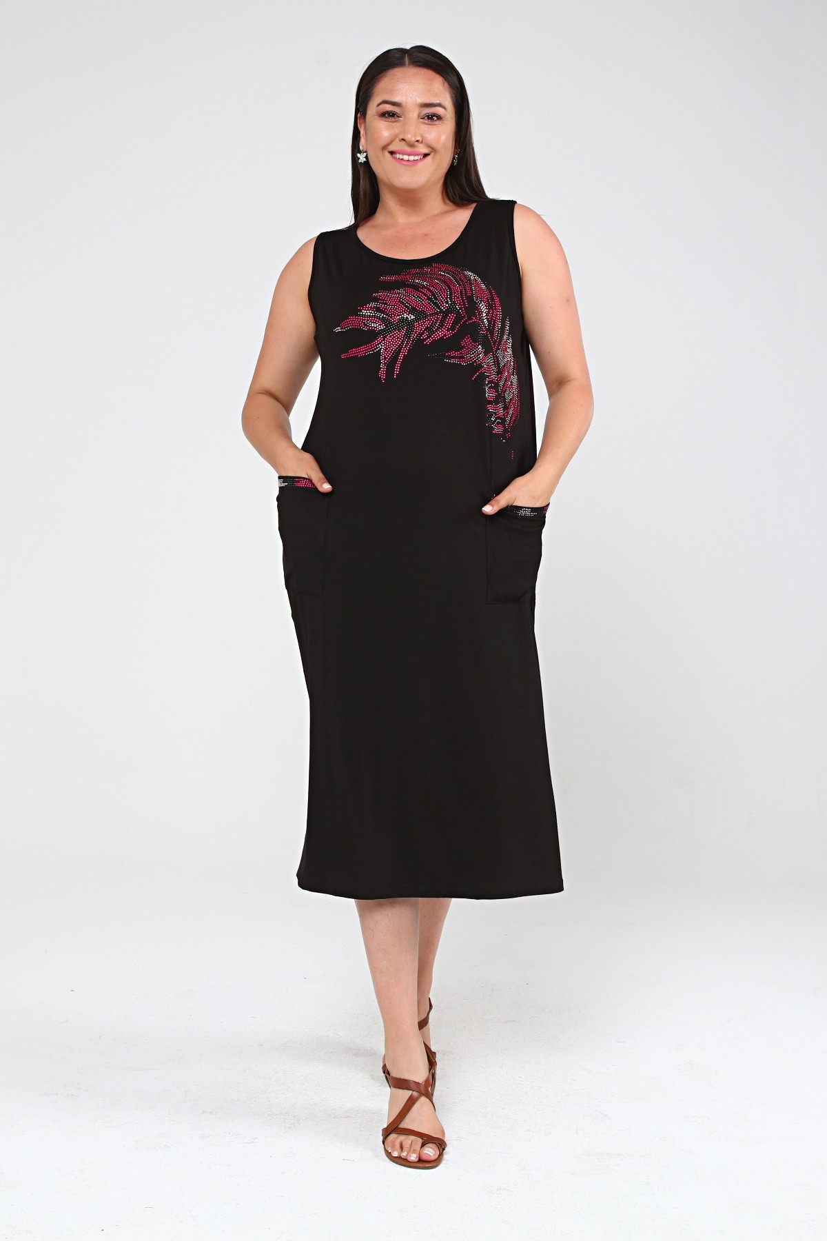 Kadın Büyük Beden Taş Yaprak Desenli Kolsuz Elbise - Siyah-Pembe
