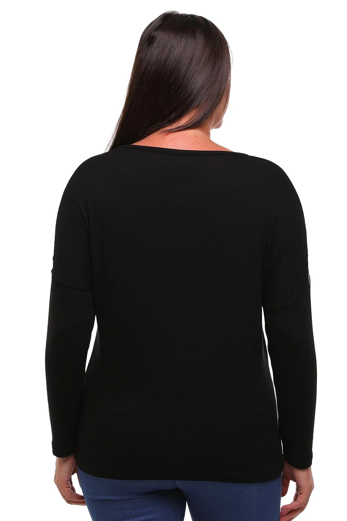 Kadın Büyük Beden Omzu Tül Önü Taş Detaylı Bluz - Siyah