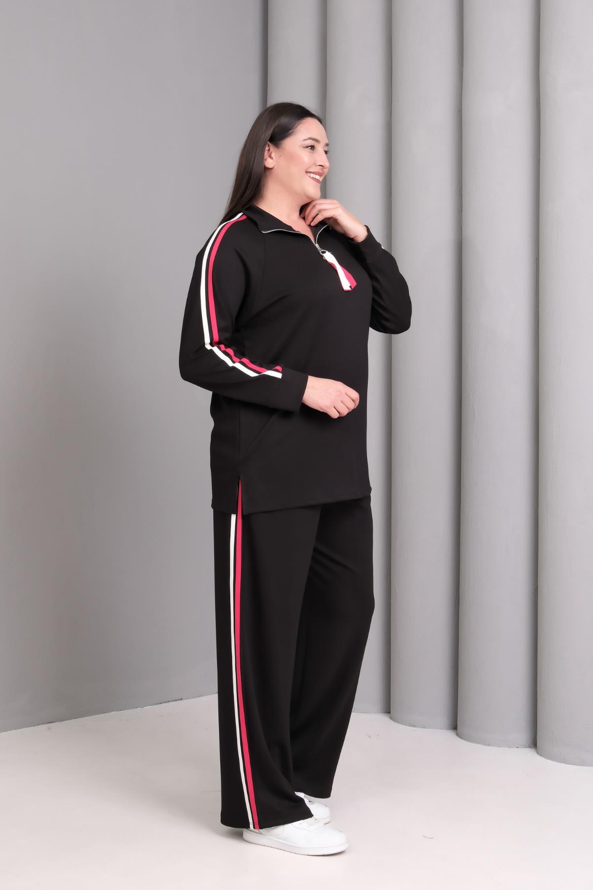 Kadın Büyük Beden Kırmızı Şerit Detay Sho Kumaş Siyah Eşofman Takımı