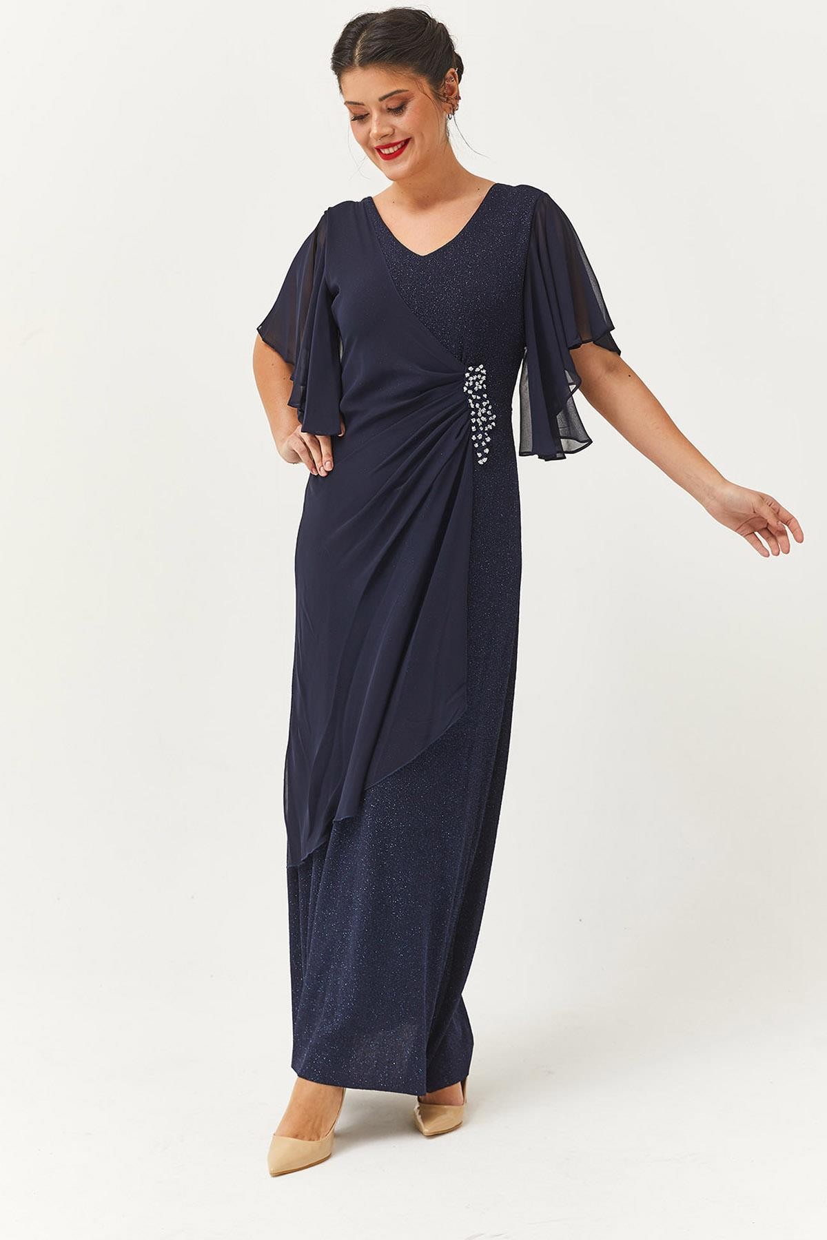 Kadın Büyük Beden Şifon Kol Taşlı Asimetrik Detaylı Uzun Abiye & Gece Elbisesi - Lacivert
