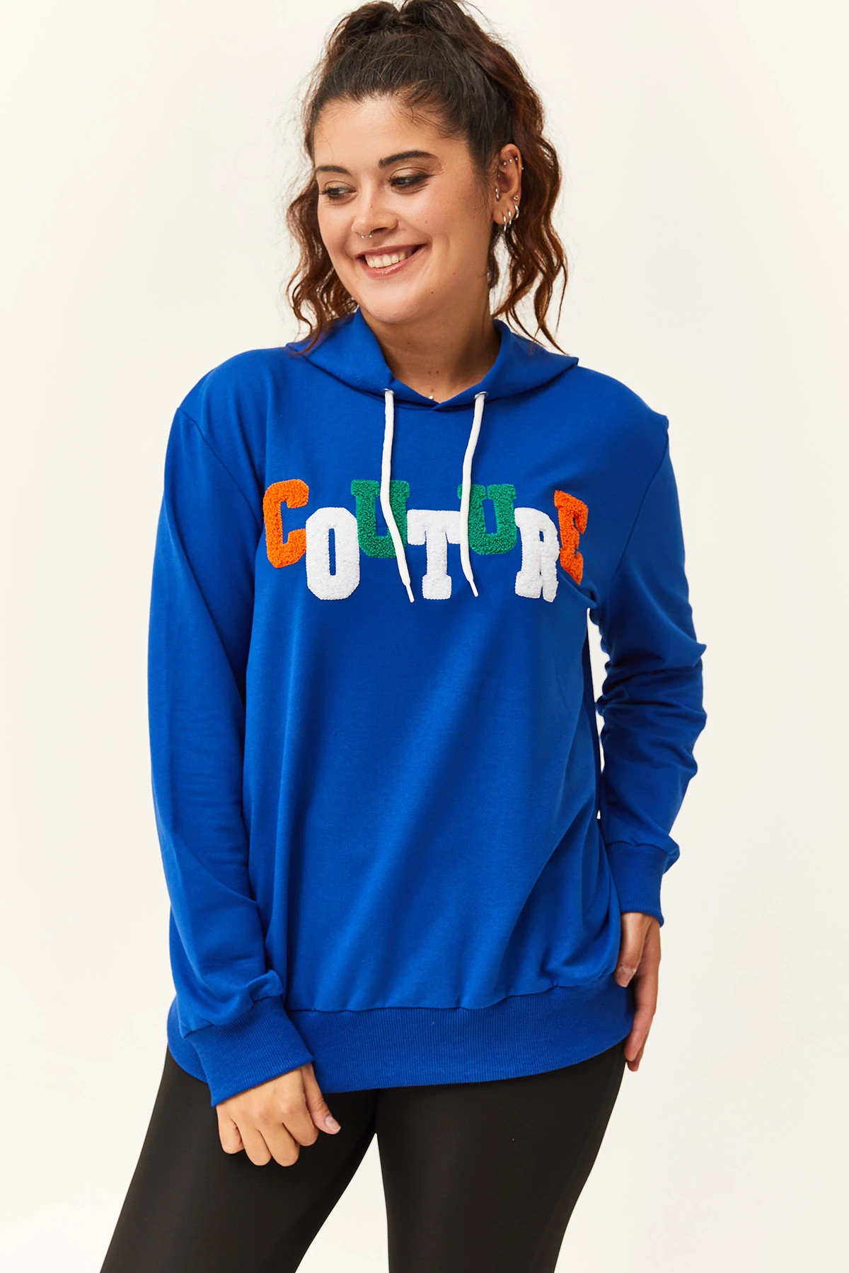 Kadın Büyük Beden Couture Yazılı Sweatshirt - Mavi