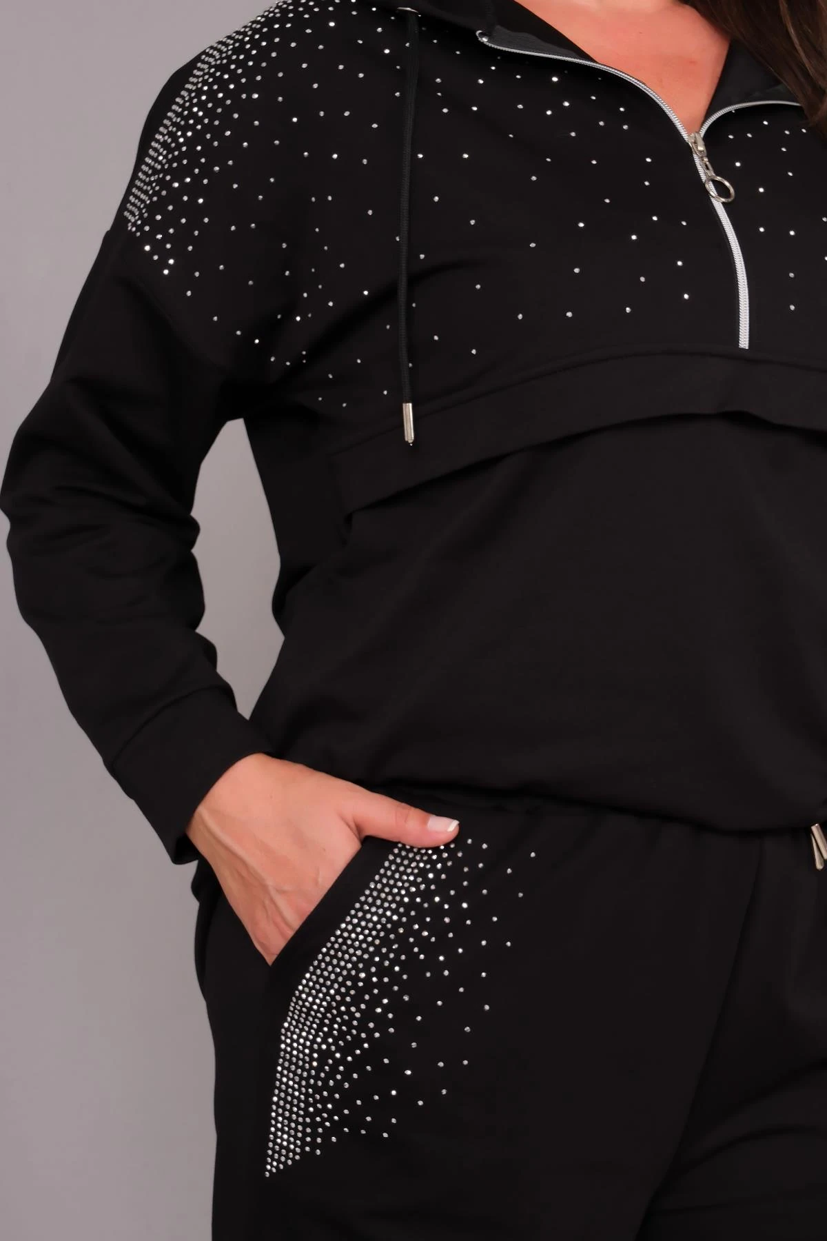 Kadın Büyük BedenTaş Baskı Detaylı Kapüşonlu Şık Eşofman Takımı