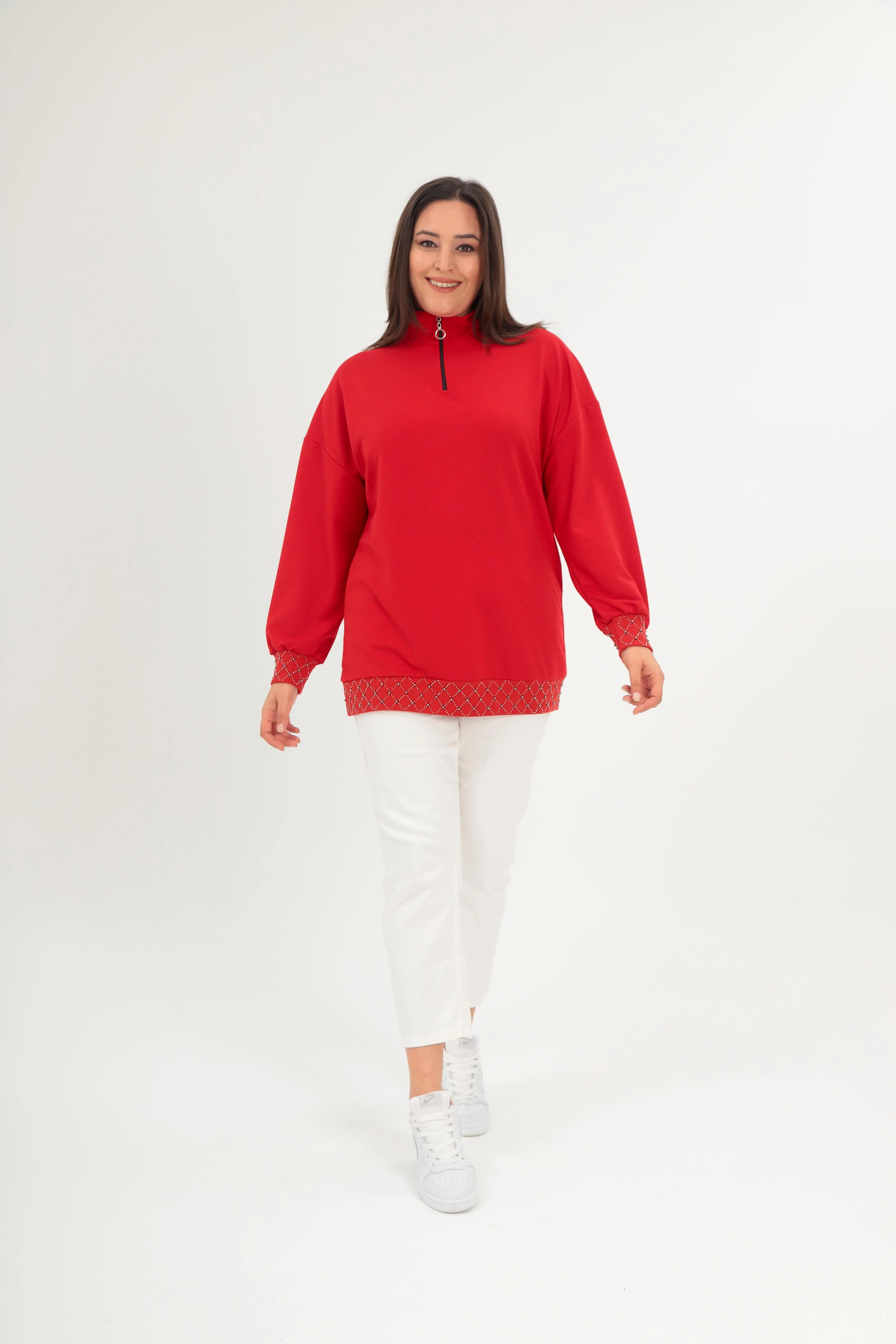 Büyük Beden Yarım Balıkçı Yaka Fermuarlı Geometrik Taş Detaylı  Sweatshirt