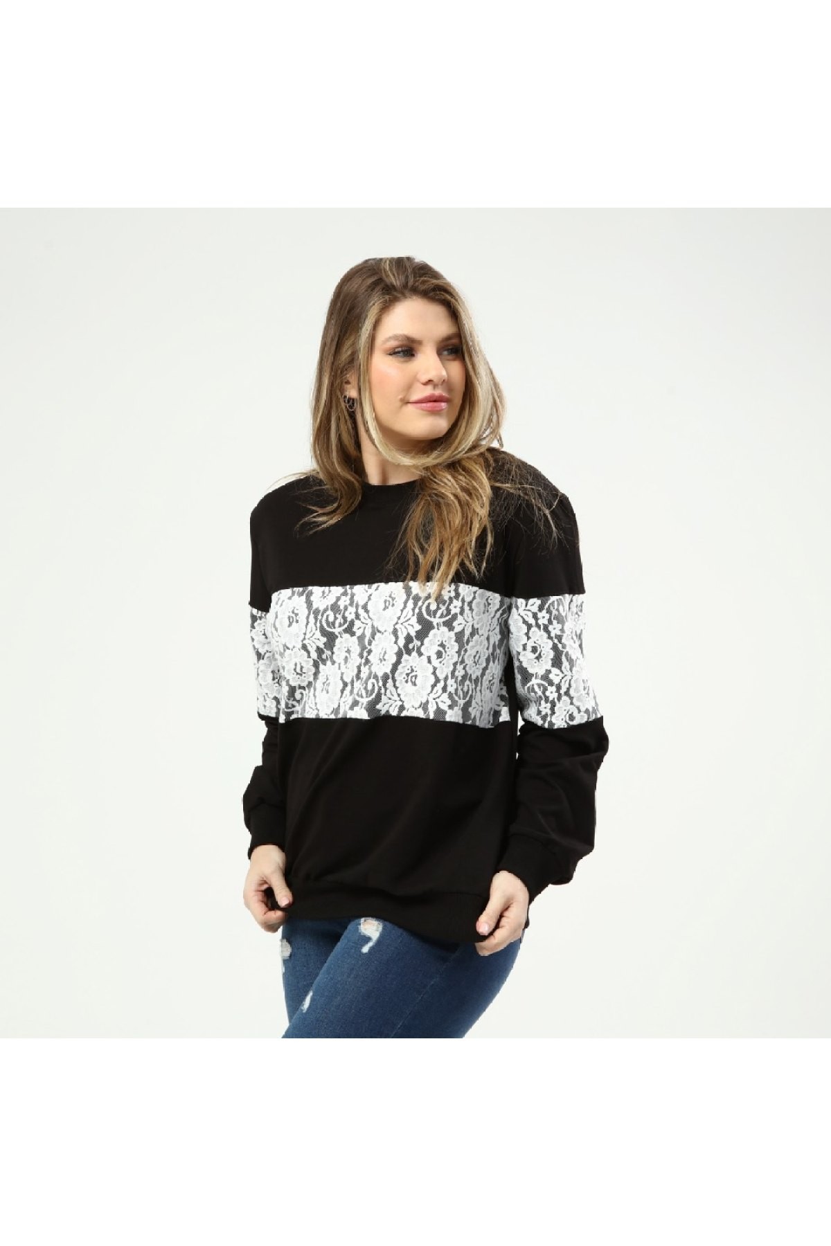 Kadın Büyük Beden Dantel Garnili Sweatshirt