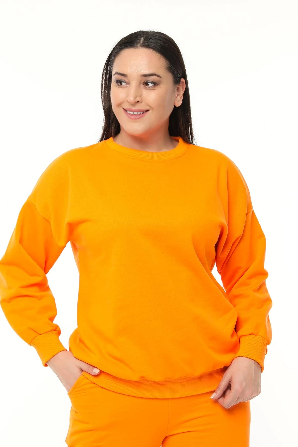 Kadın Büyük Beden Basıc Şardonlu Sweatshirt - Turuncu