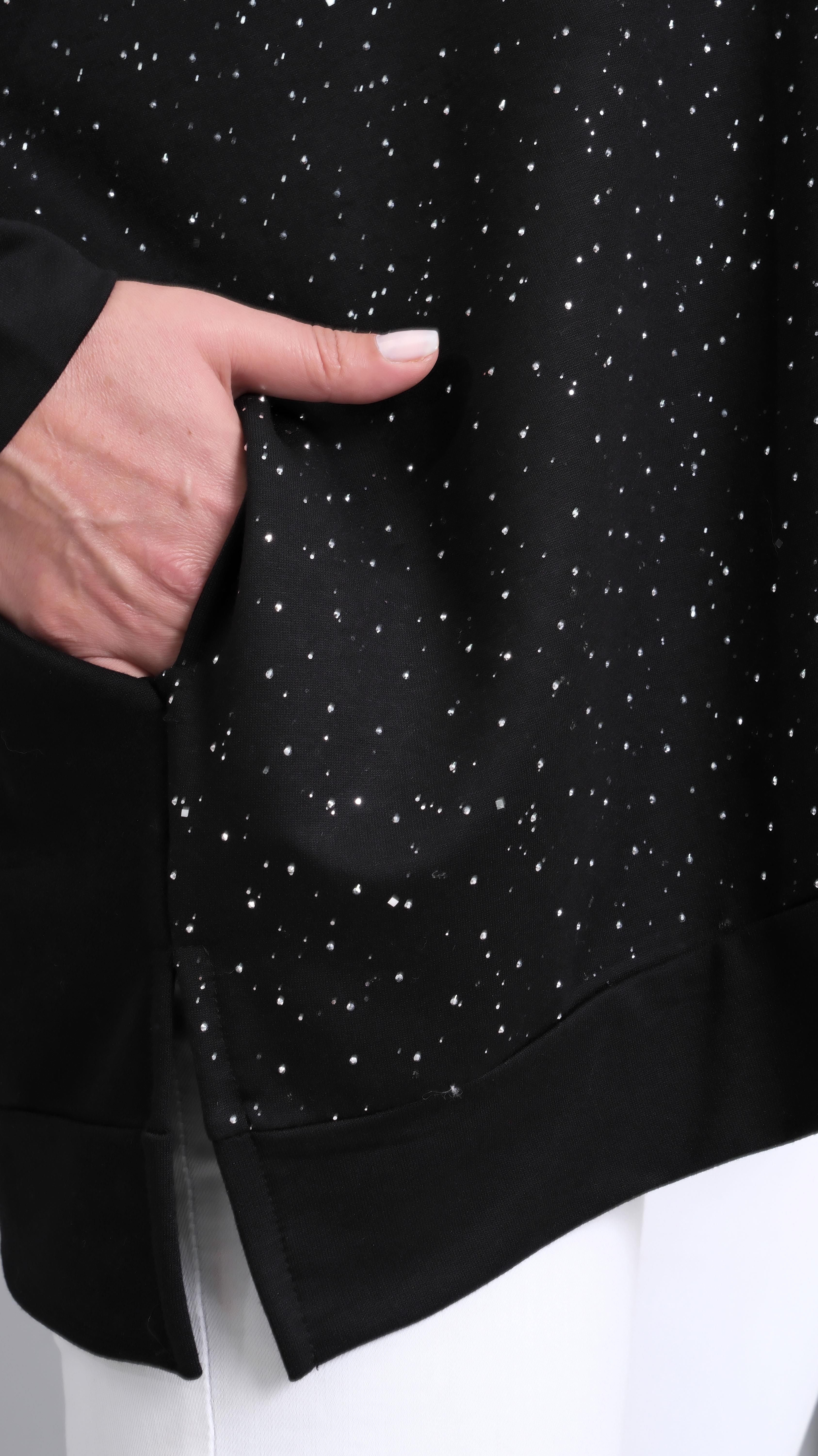 Kadın Büyük Beden Taş Baskılı Fermuarlı Siyah Sweatshitt