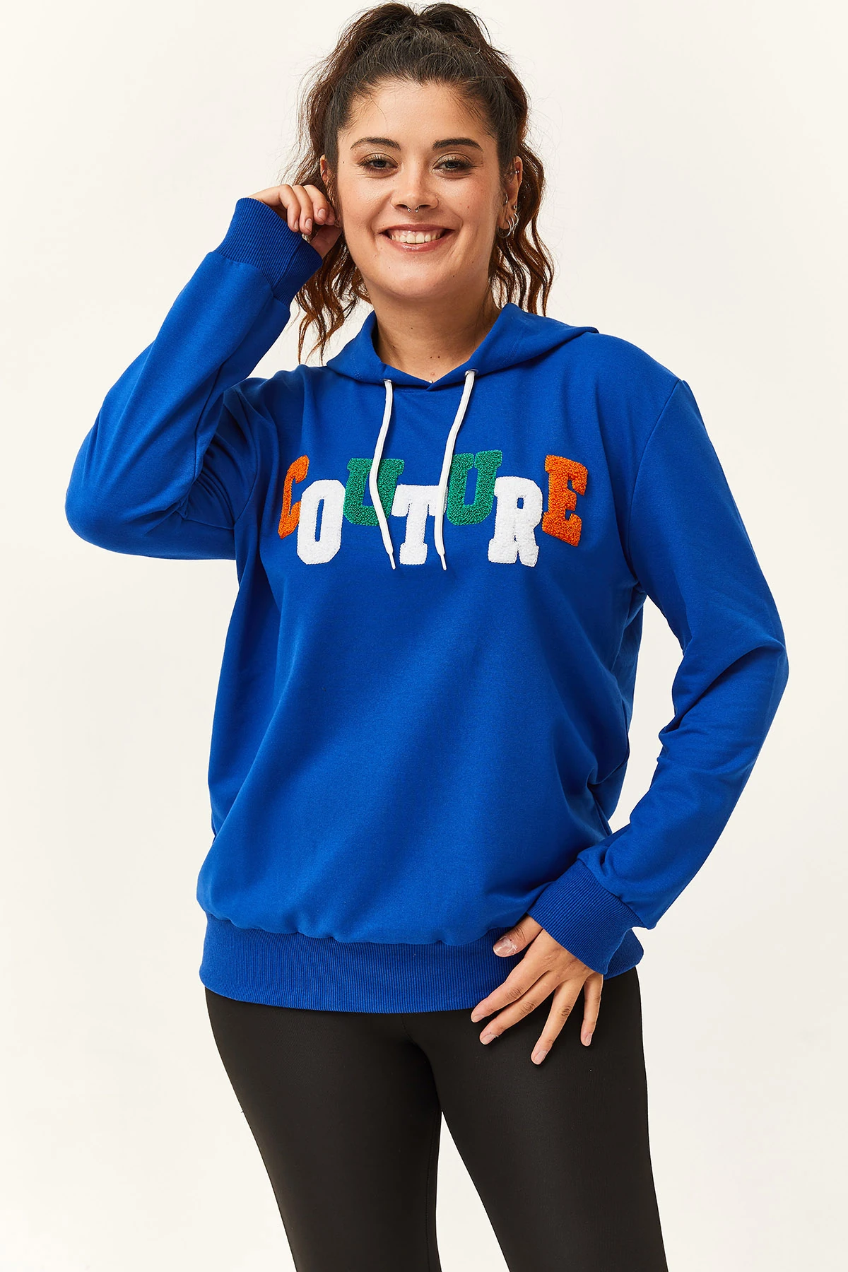 Kadın Büyük Beden Couture Yazılı Sweatshirt - Mavi