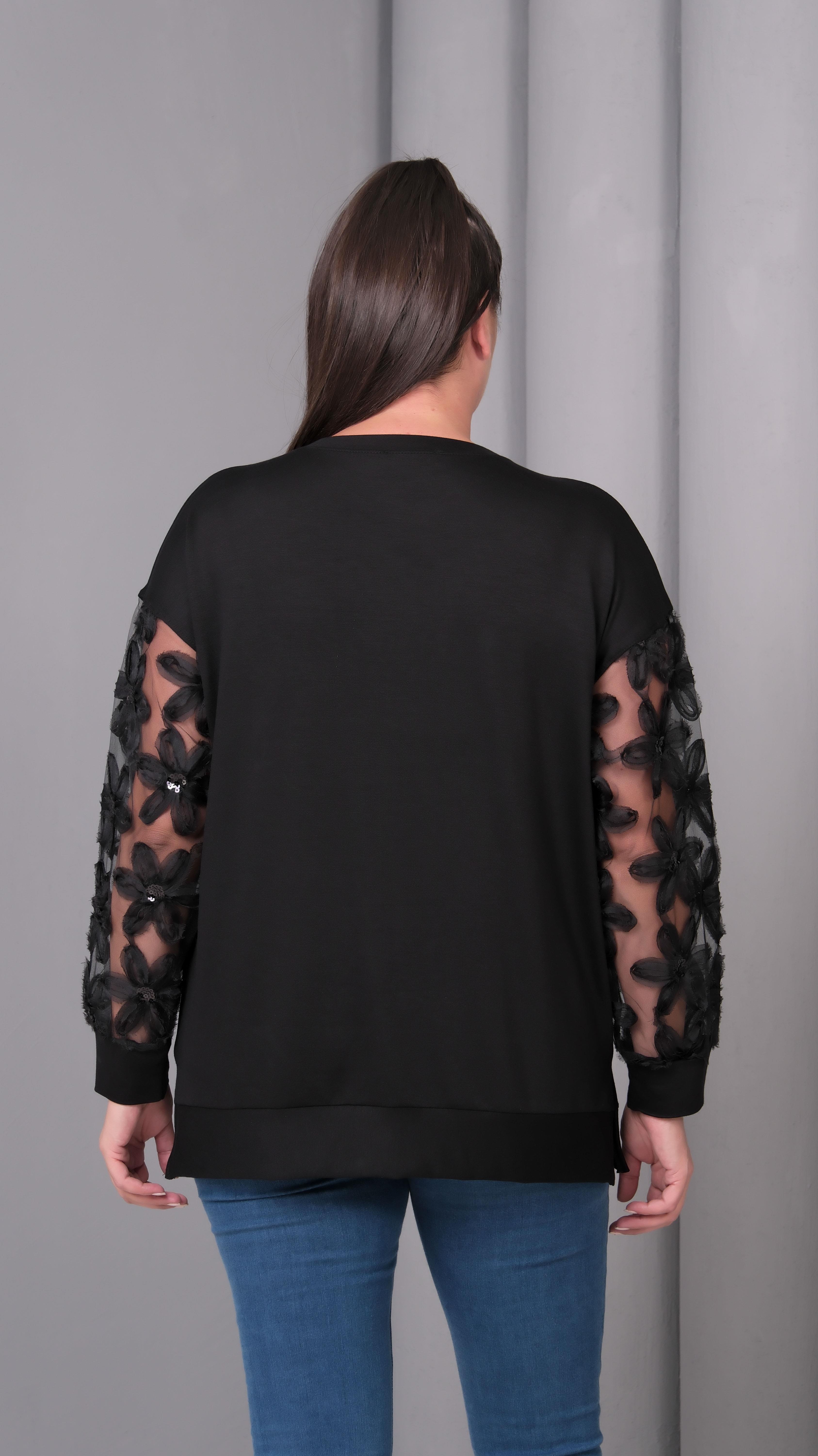 Kadın Büyük Beden Transparan Kol Siyah Sweatshirt