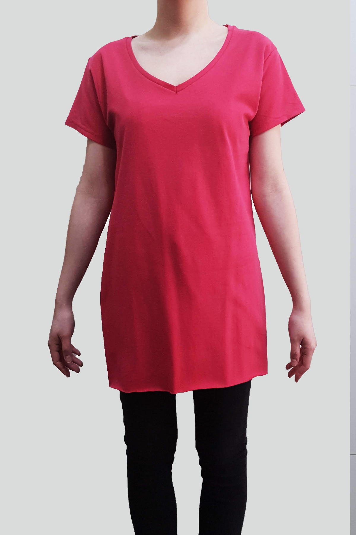 Kadın V Yaka Uzun Pamuklu T-Shirt - Fuşya