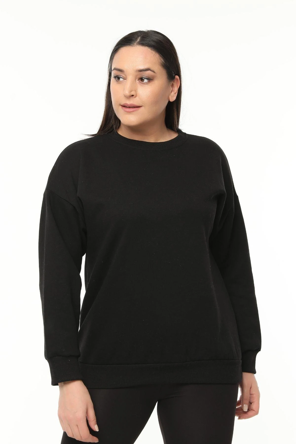 Kadın Büyük Beden Basıc Şardonlu Sweatshirt - Siyah