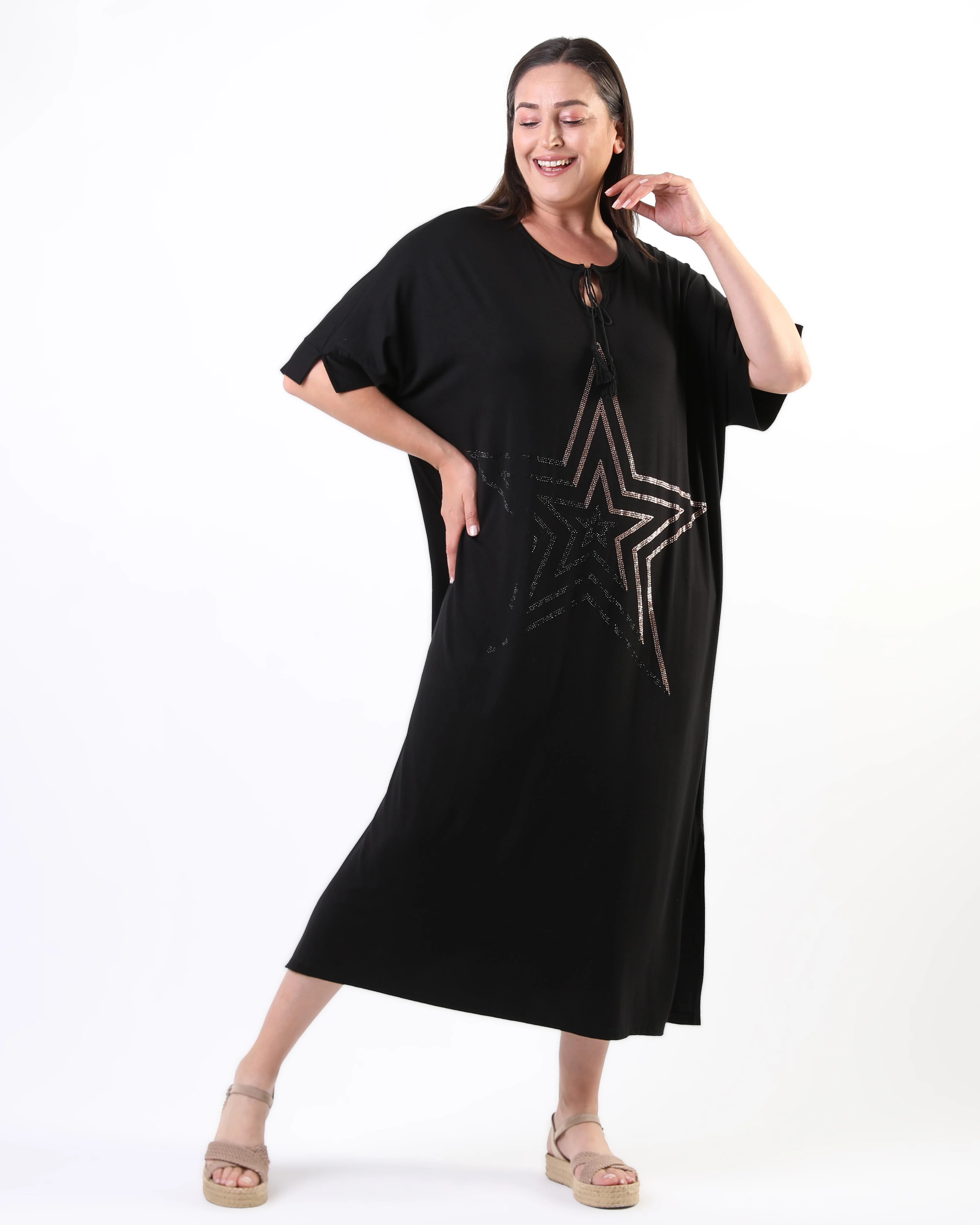 Kadın Büyük Beden Ekstra Rahat Kalıp Yıldız Baskılı Elbise