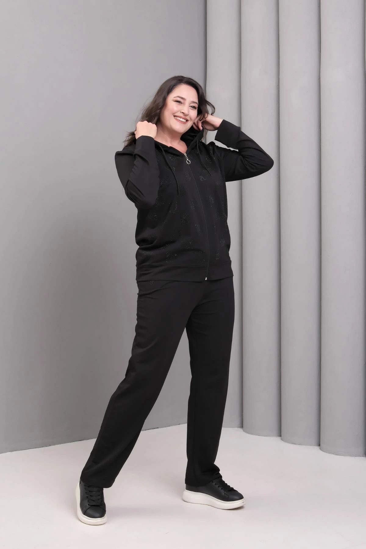 Kadın Büyük Beden Taş Baskılı Kapüşonlu Siyah Eşofman Takımı - Siyah