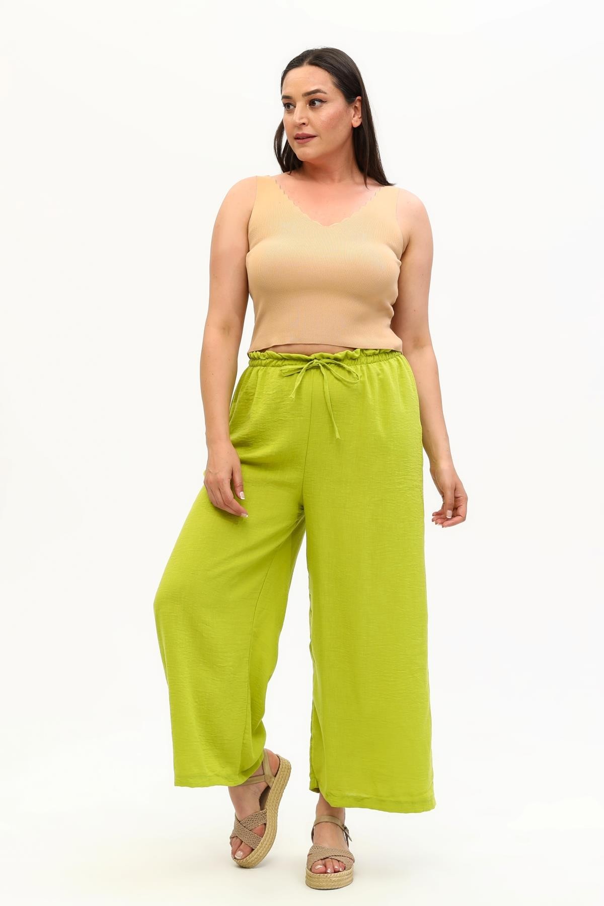 Kadın Büyük Beden Bol Paça Ekstra Rahat Pantolon - Yeşil