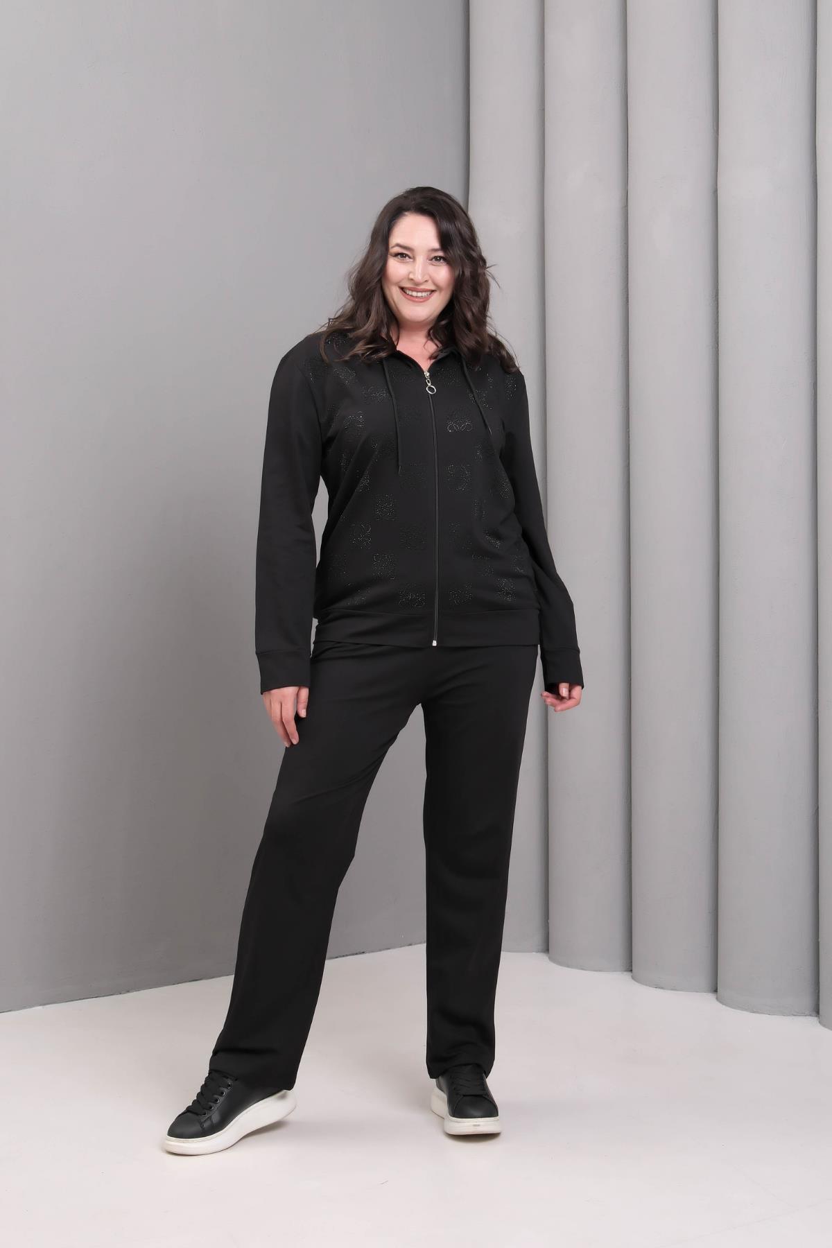 Kadın Büyük Beden Taş Baskılı Kapüşonlu Siyah Eşofman Takımı - Siyah