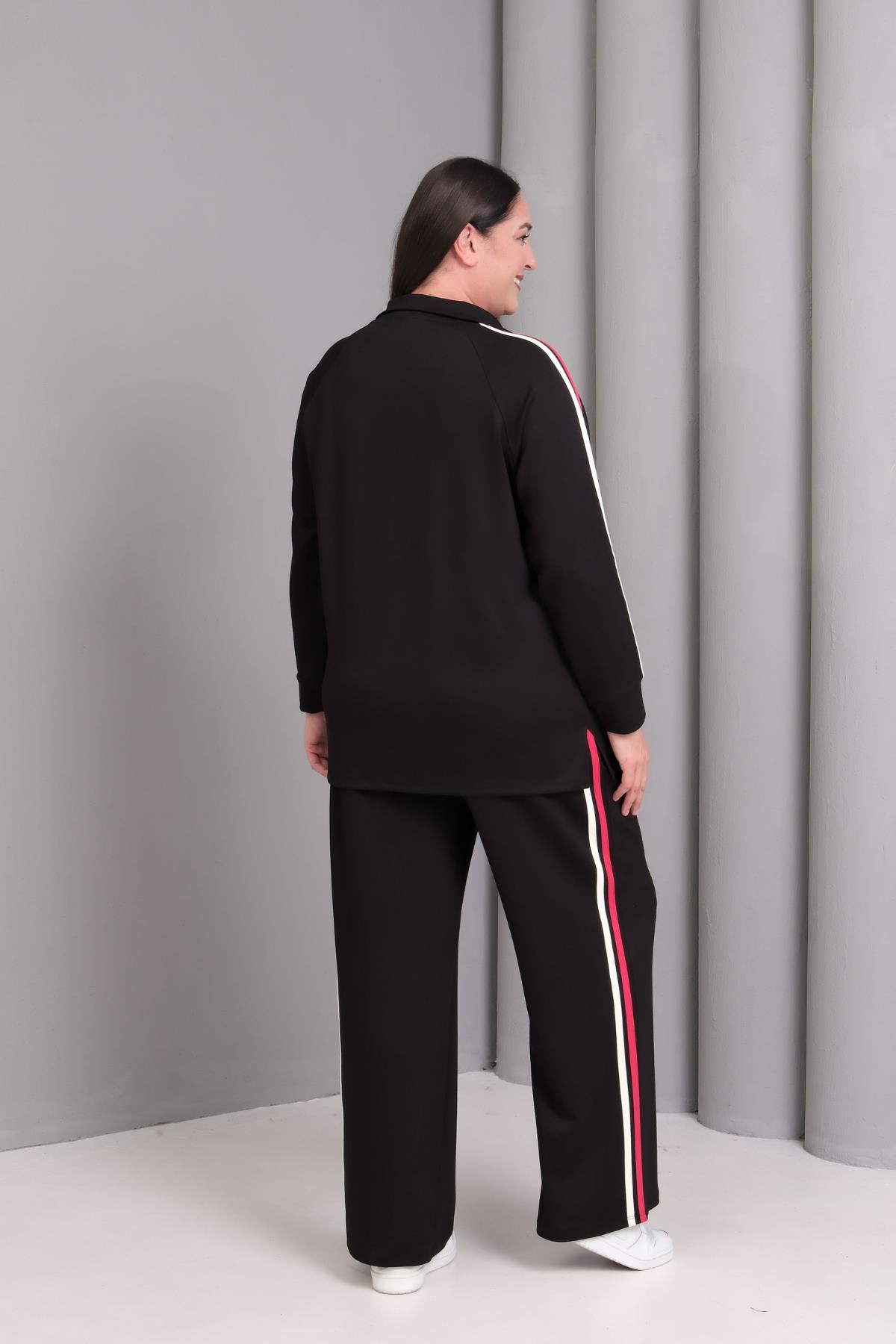 Kadın Büyük Beden Kırmızı Şerit Detay Sho Kumaş Siyah Eşofman Takımı