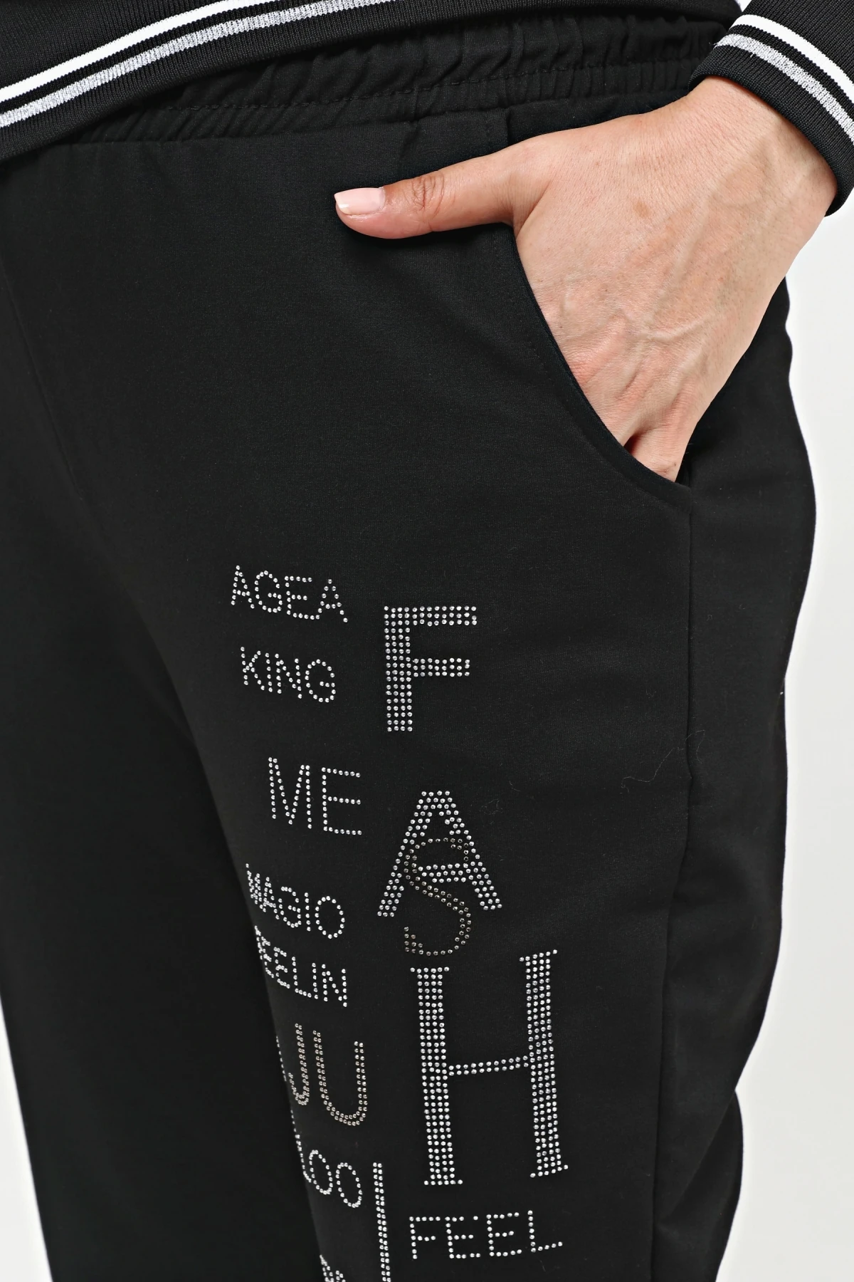 Kadın Büyük Beden Taş Yazı İşlemeli Eşofman Takımı - Siyah