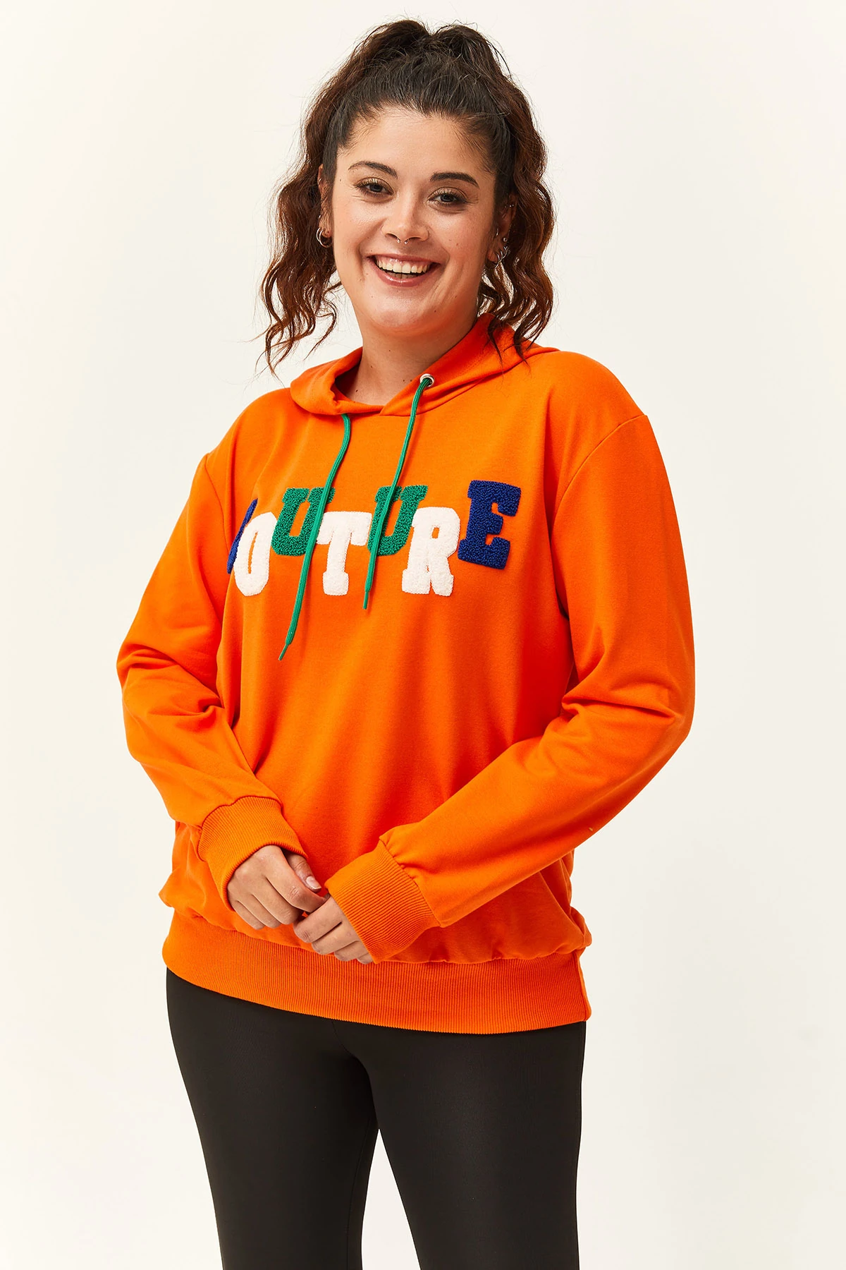 Kadın Büyük Beden Couture Yazılı Sweatshirt - Turuncu