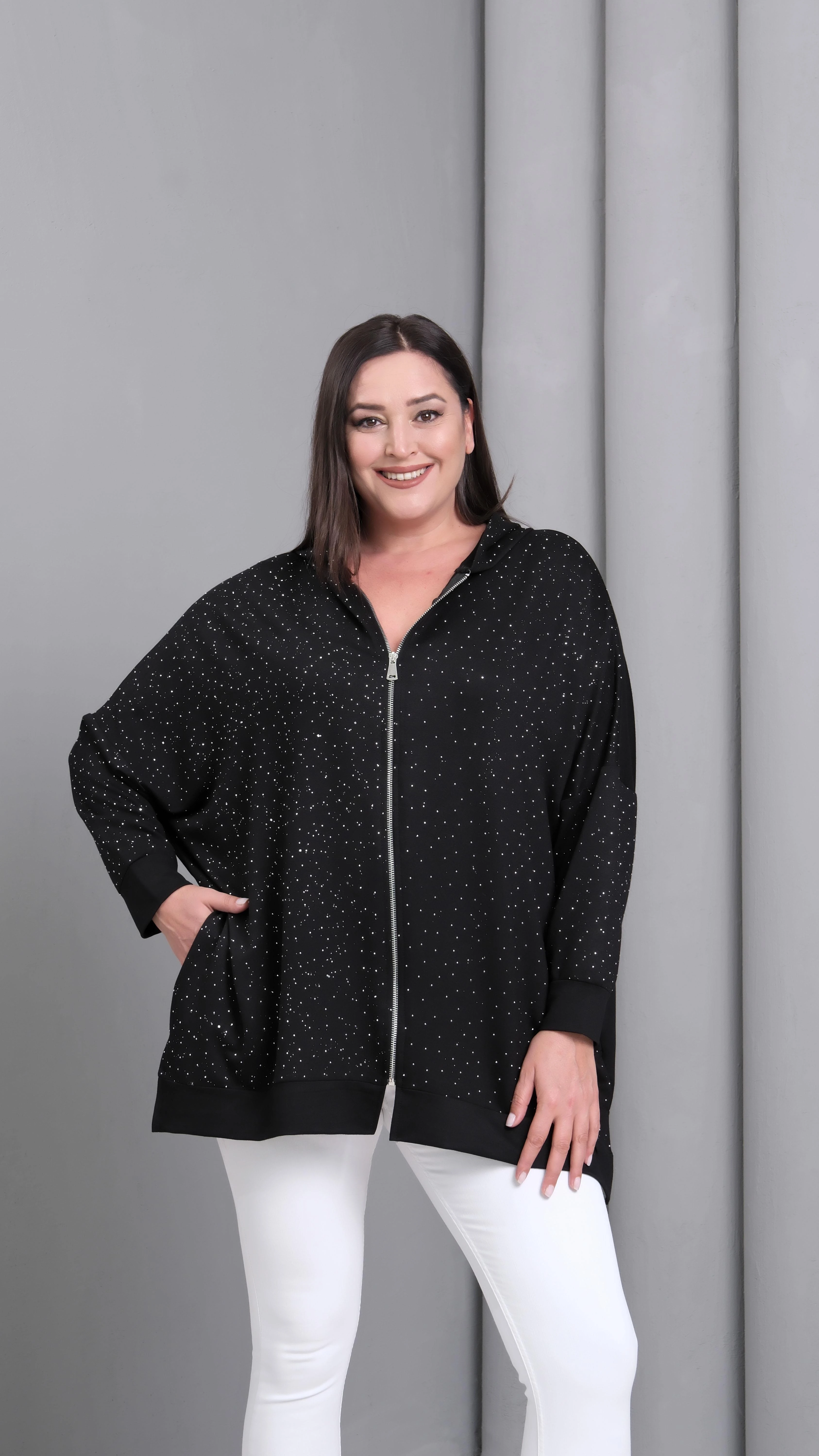 Kadın Büyük Beden Taş Baskılı Fermuarlı Siyah Sweatshitt