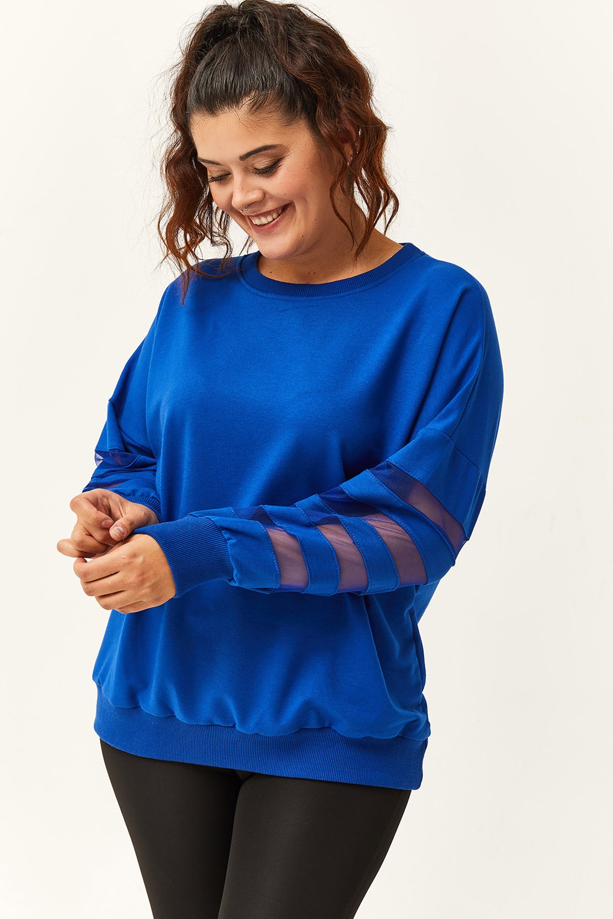 Kadın Büyük Beden Kolları Transparan Detay Sweatshirt - Mavi