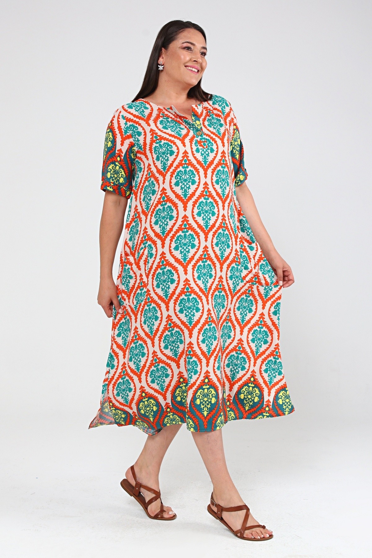Kadın Büyük Beden Etnik Desen Renkli Elbise