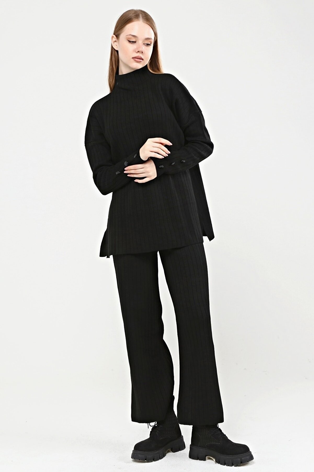 Kadın Düğme Detaylı Kazak Pantolon Triko Alt-Üst Takım - Siyah