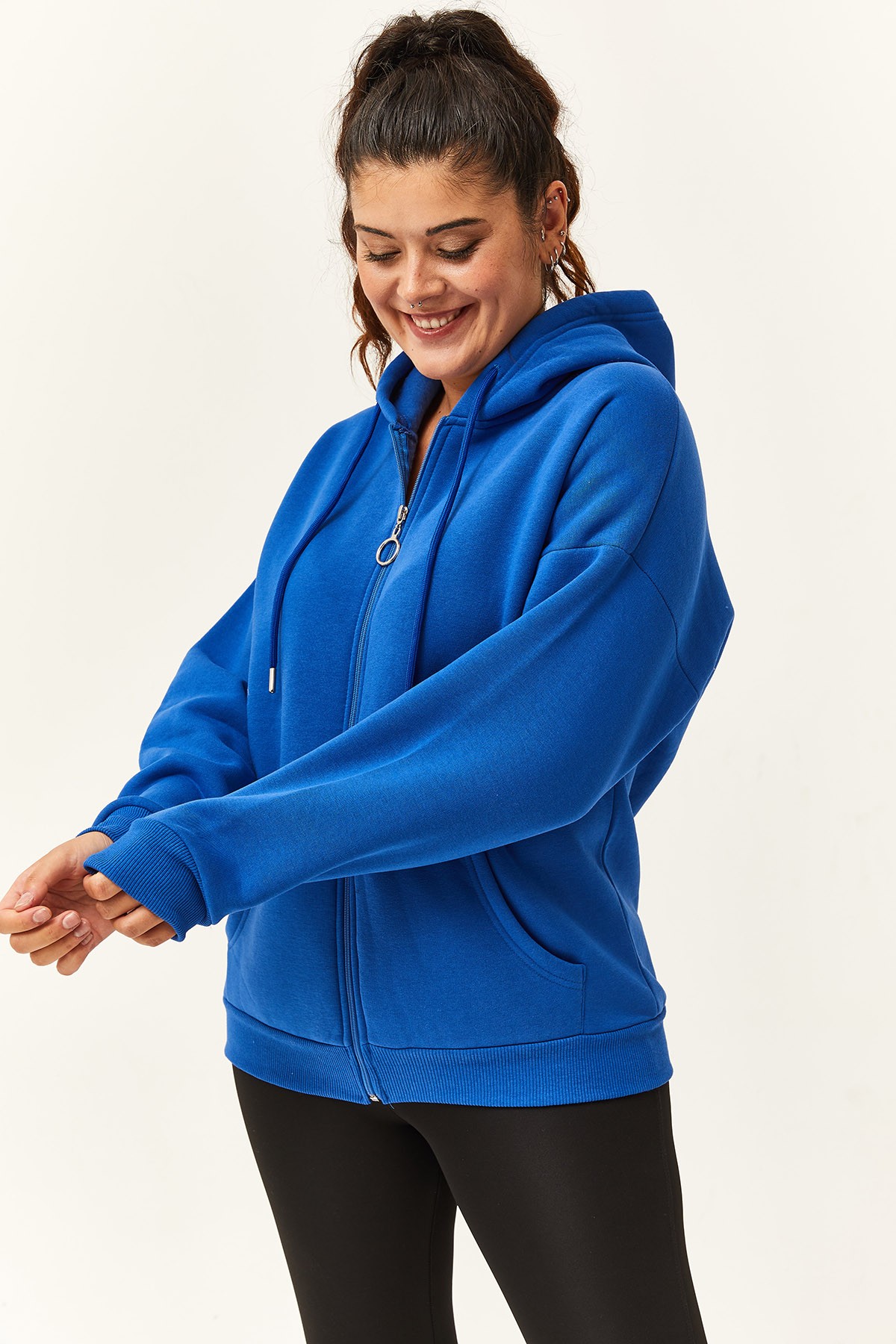 Kadın Büyük Beden Şardonlu Fermuarlı Kalın Sweatshirt - Mavi
