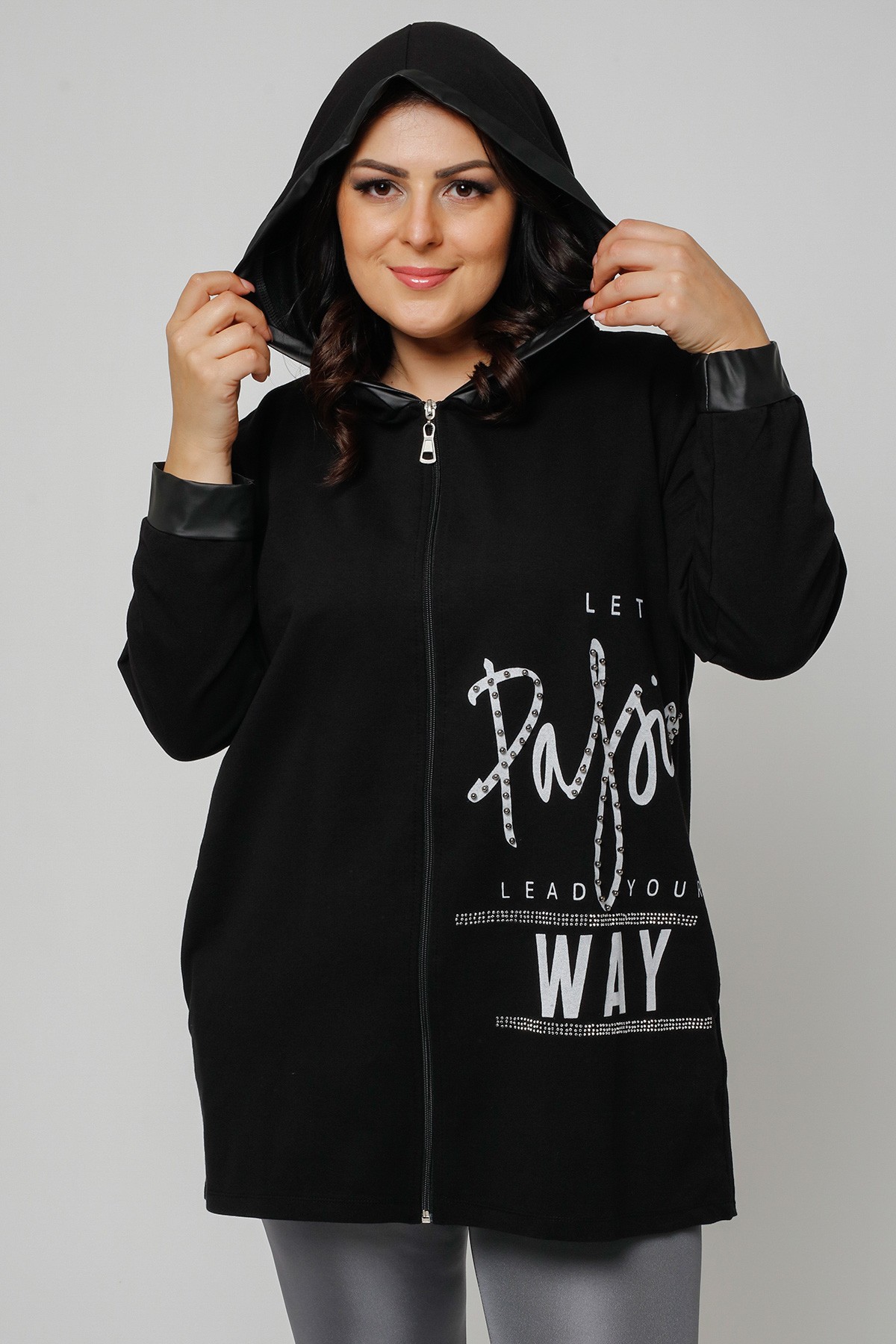 Kadın Büyük Beden Deri Garnili Ve Boncuklu Fermuarlı Sweatshirt