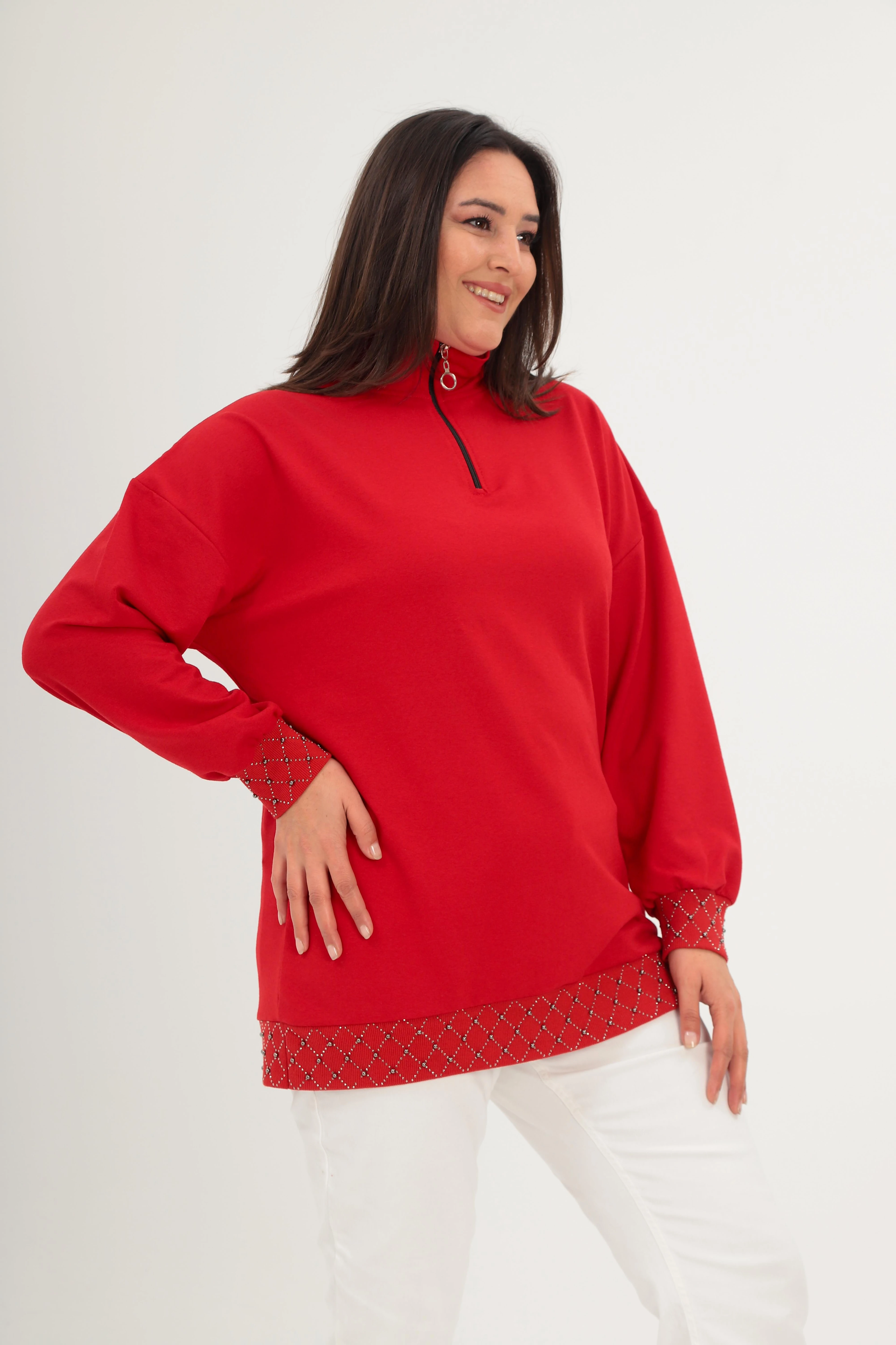 Büyük Beden Yarım Balıkçı Yaka Fermuarlı Geometrik Taş Detaylı  Sweatshirt