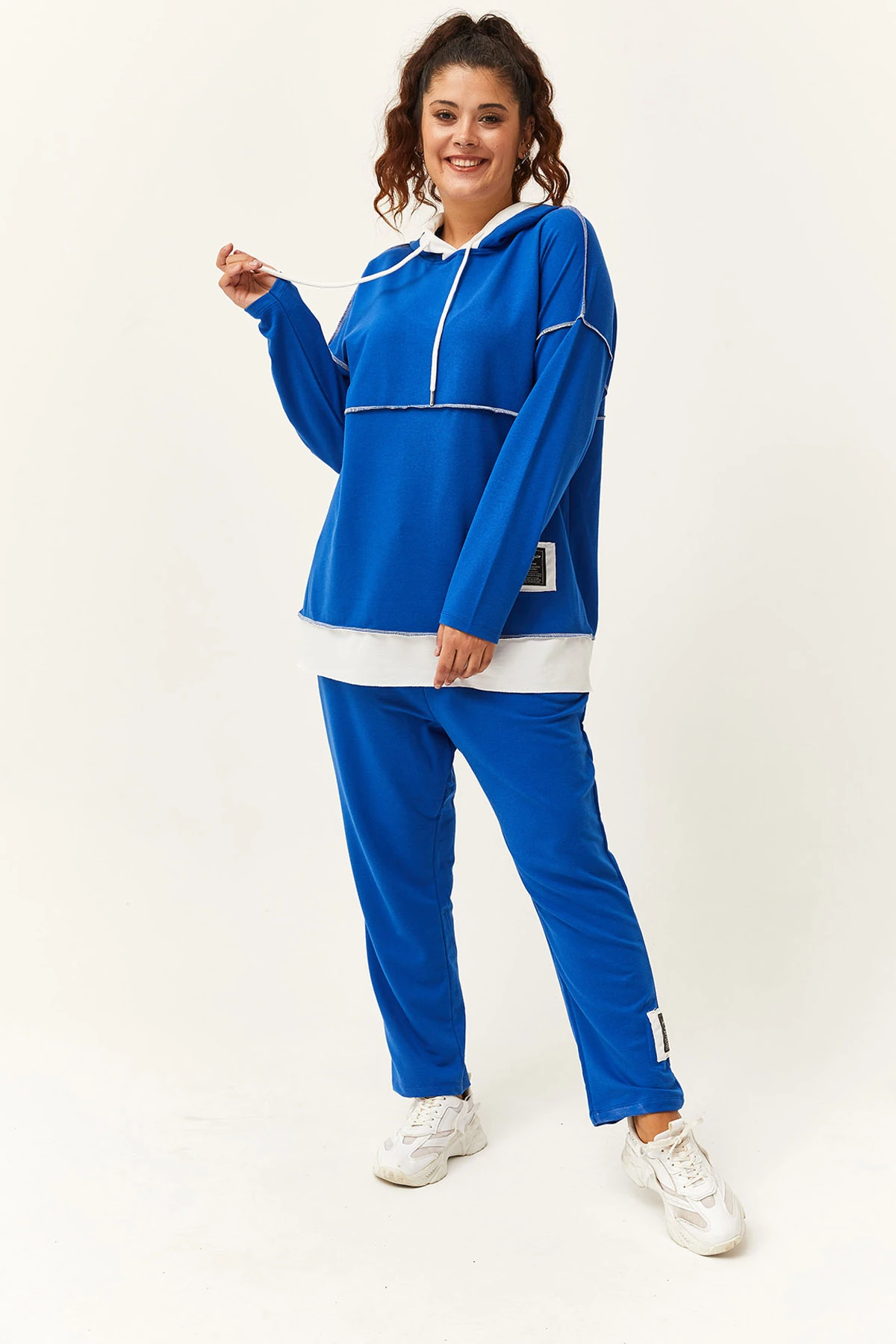 Kadın Büyük Beden Şerit Garni Detaylı Eşofman Takımı - Mavi