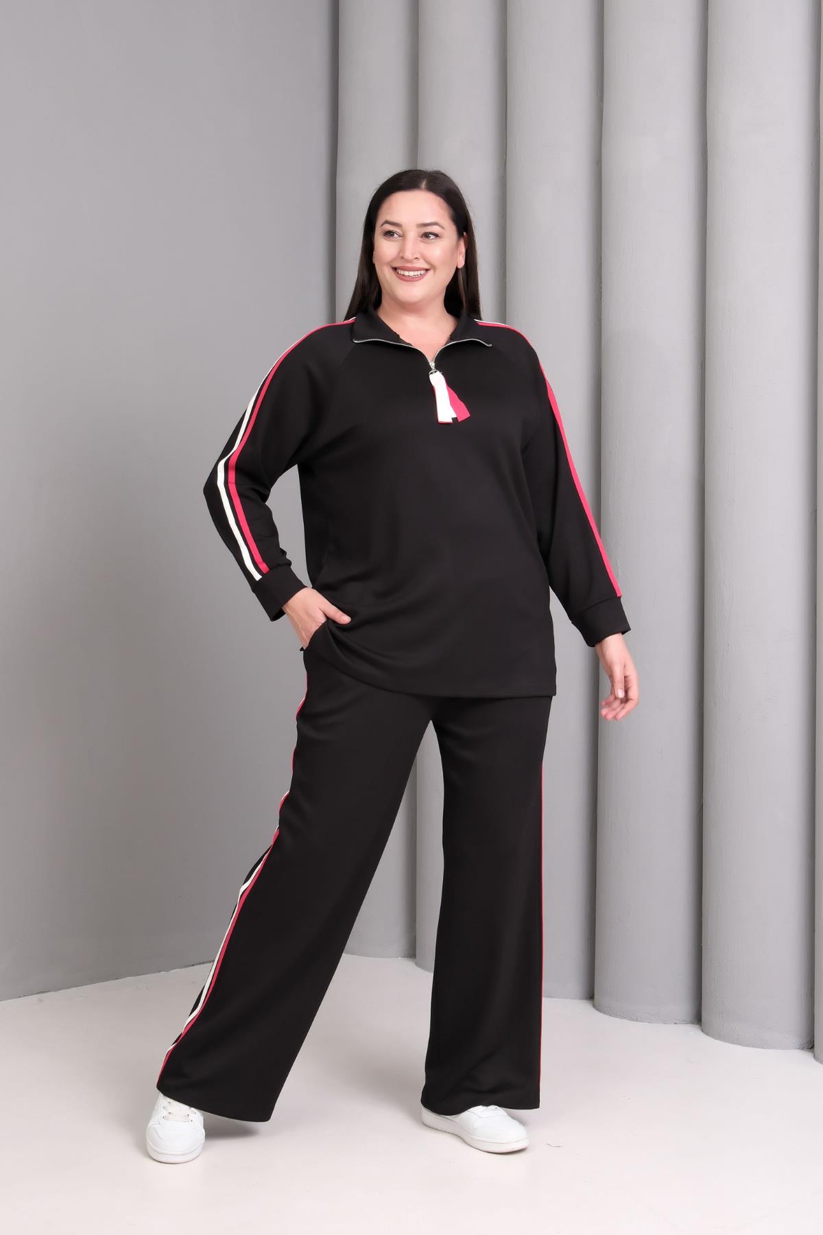 Kadın Büyük Beden Kırmızı Şerit Detay Sho Kumaş Siyah Eşofman Takımı